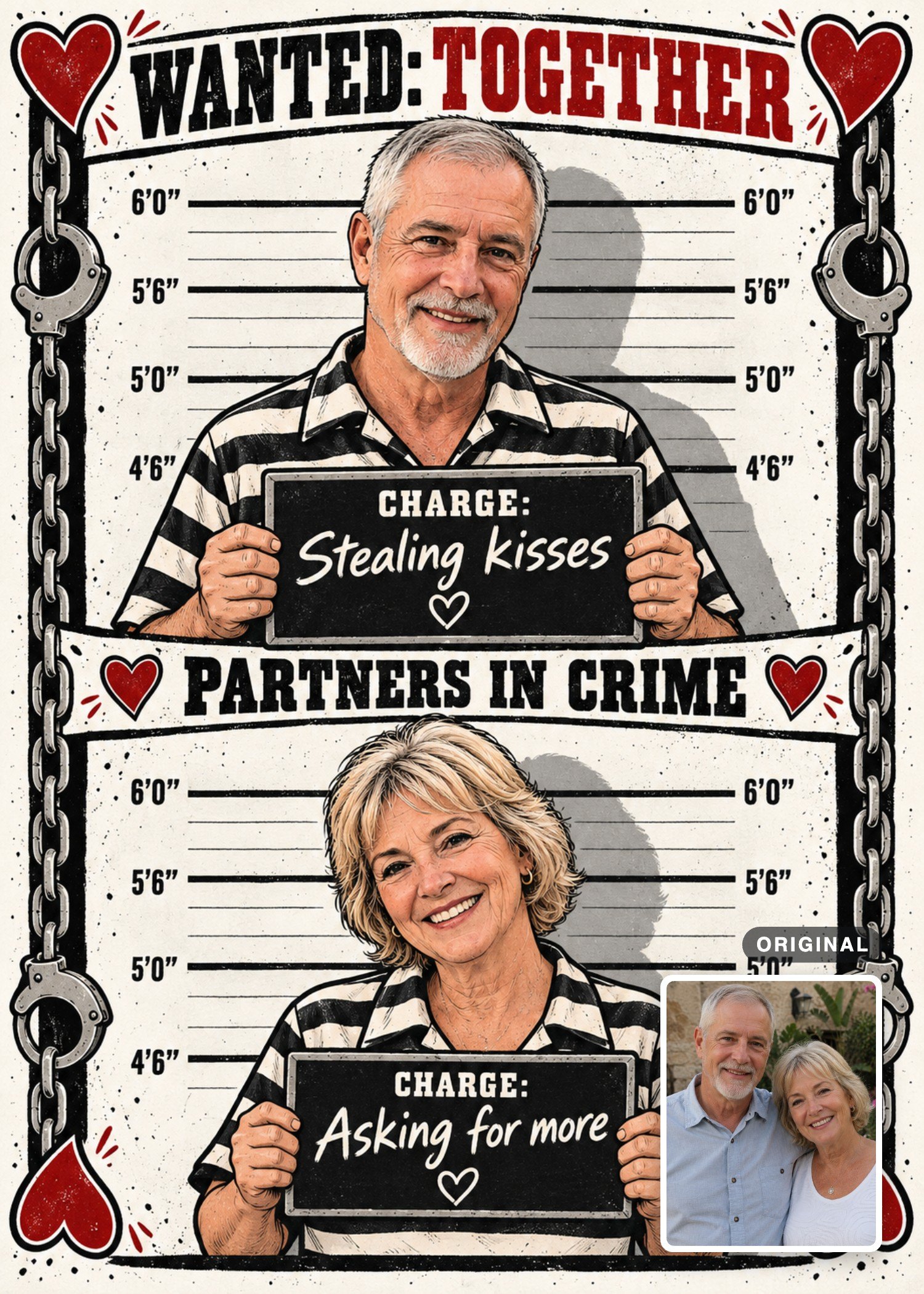 An older man and woman holding amusing “Stealing kisses” and “Asking for more” signs on a mugshot card, with their original photo inset.