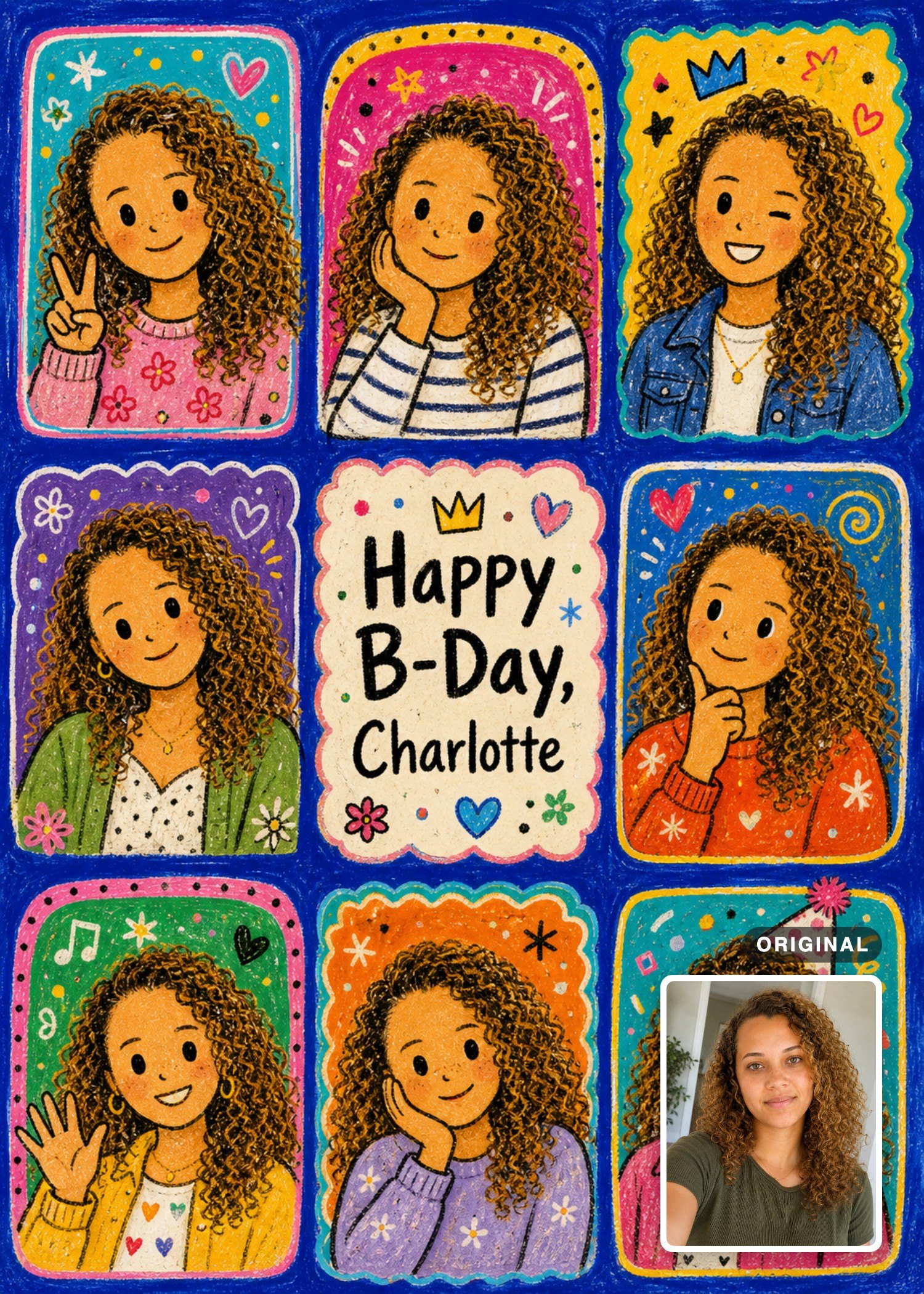 Illustrated birthday collage with eight playful portraits of Charlotte and the original photo inset.