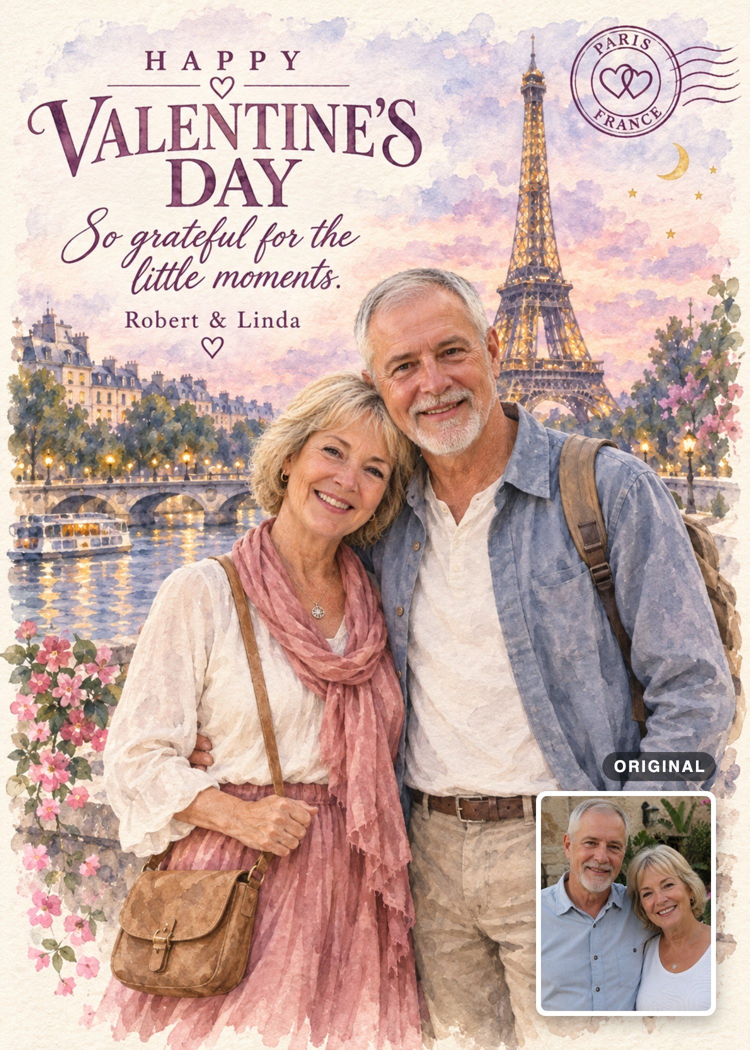 Personalized watercolor Valentine’s Day card showing an older couple beside the Seine, with the Eiffel Tower and a Paris postmark.