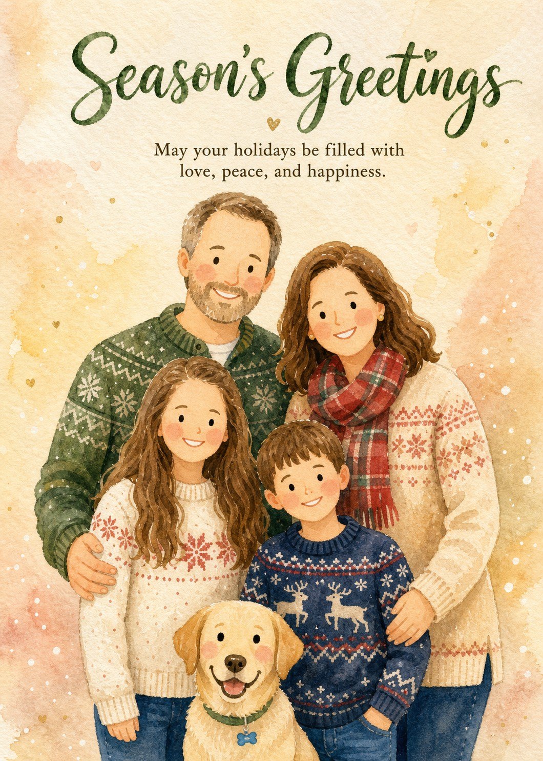 Personalized watercolor Christmas card with a family of four and their dog in festive sweaters.