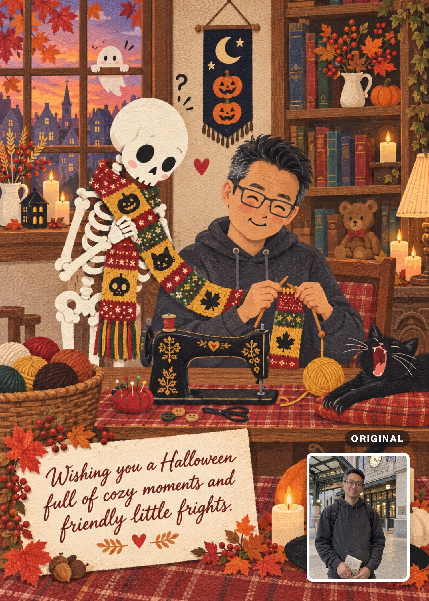 Storybook Halloween card showing a man in glasses and a dark hoodie knitting a scarf for a friendly skeleton, with his original photo inset.