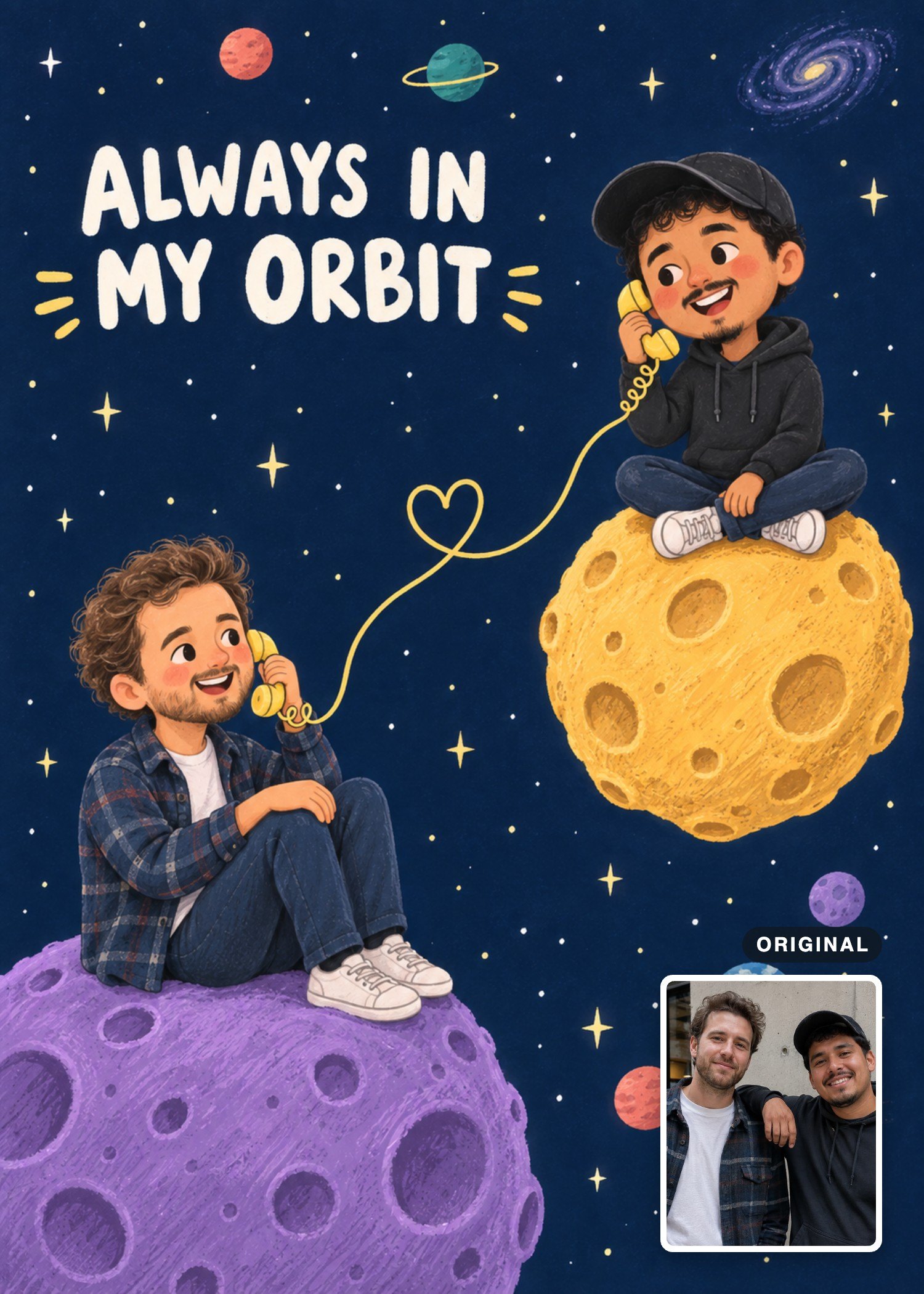 Two men reimagined as storybook characters chatting by telephone on separate planets, with their original photo inset.