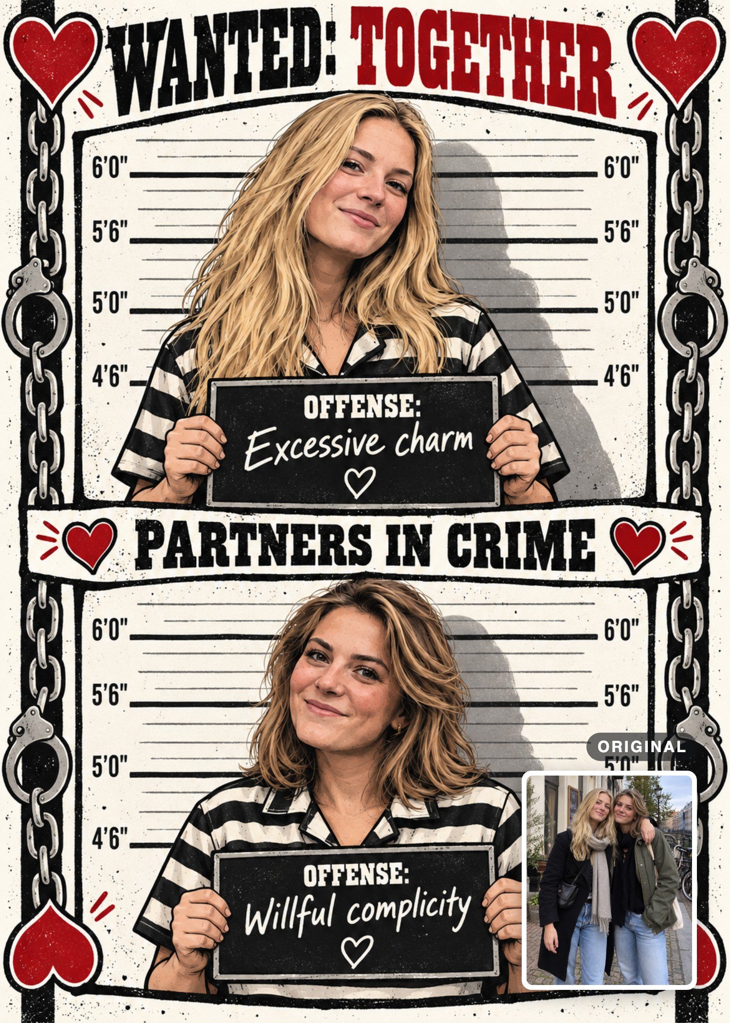 Two women holding witty “Excessive charm” and “Willful complicity” signs on a comic mugshot card, with their original photo inset.