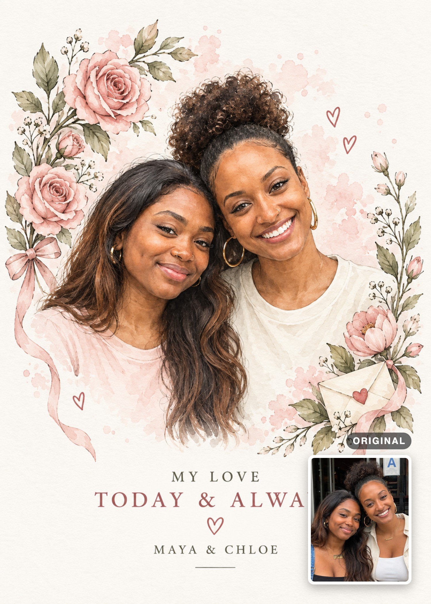 Two women leaning together in a floral watercolor Valentine’s Day card, with their original photo inset.