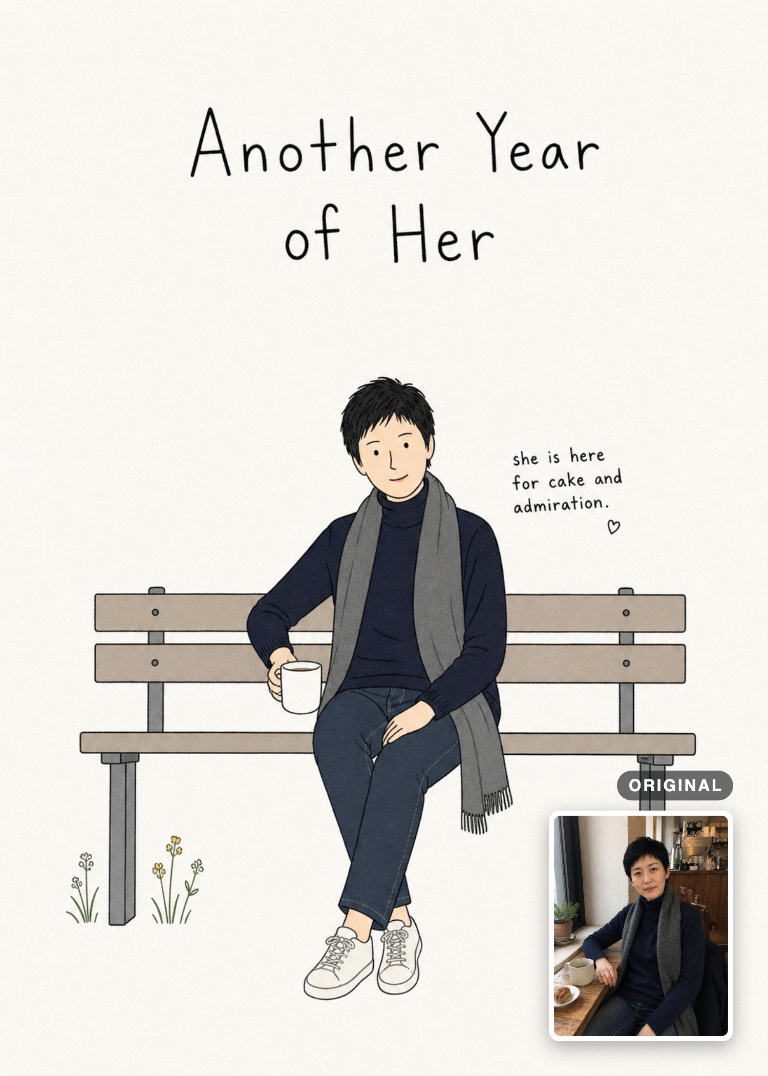 Minimalist birthday card with a woman seated on a park bench, with the original photo inset.