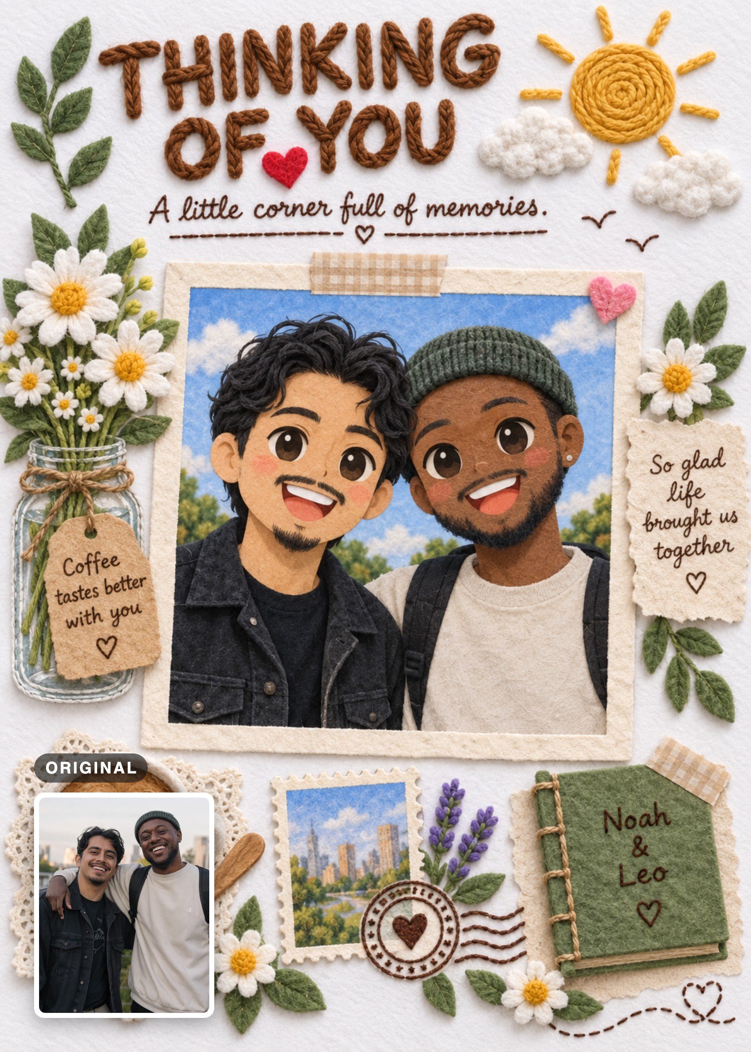 Two men reimagined as smiling characters on a stitched collage card, retaining a green beanie and casual outfits, with their original photo inset.