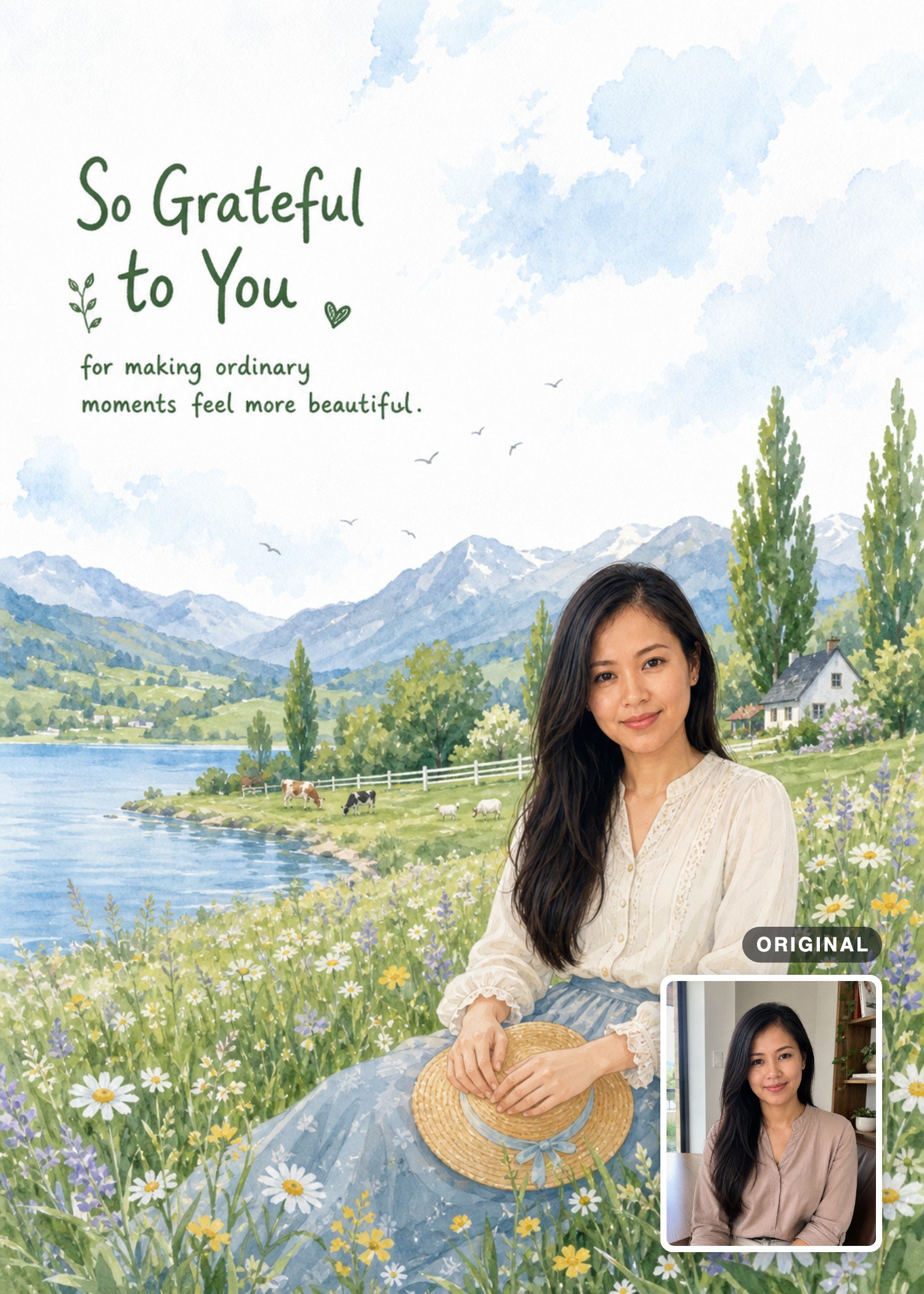 Watercolor thank-you card with a woman seated in a lakeside wildflower meadow, with the original photo inset.