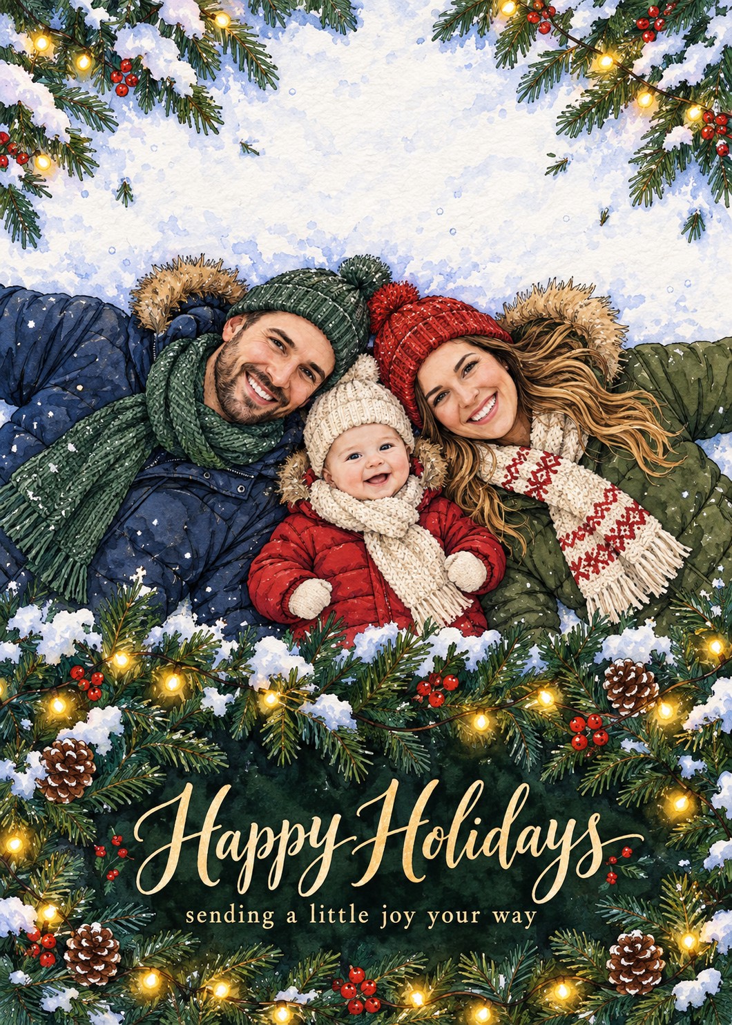 Ink-and-watercolor Christmas card showing two adults and a baby lying in snow, surrounded by evergreen branches and warm lights.