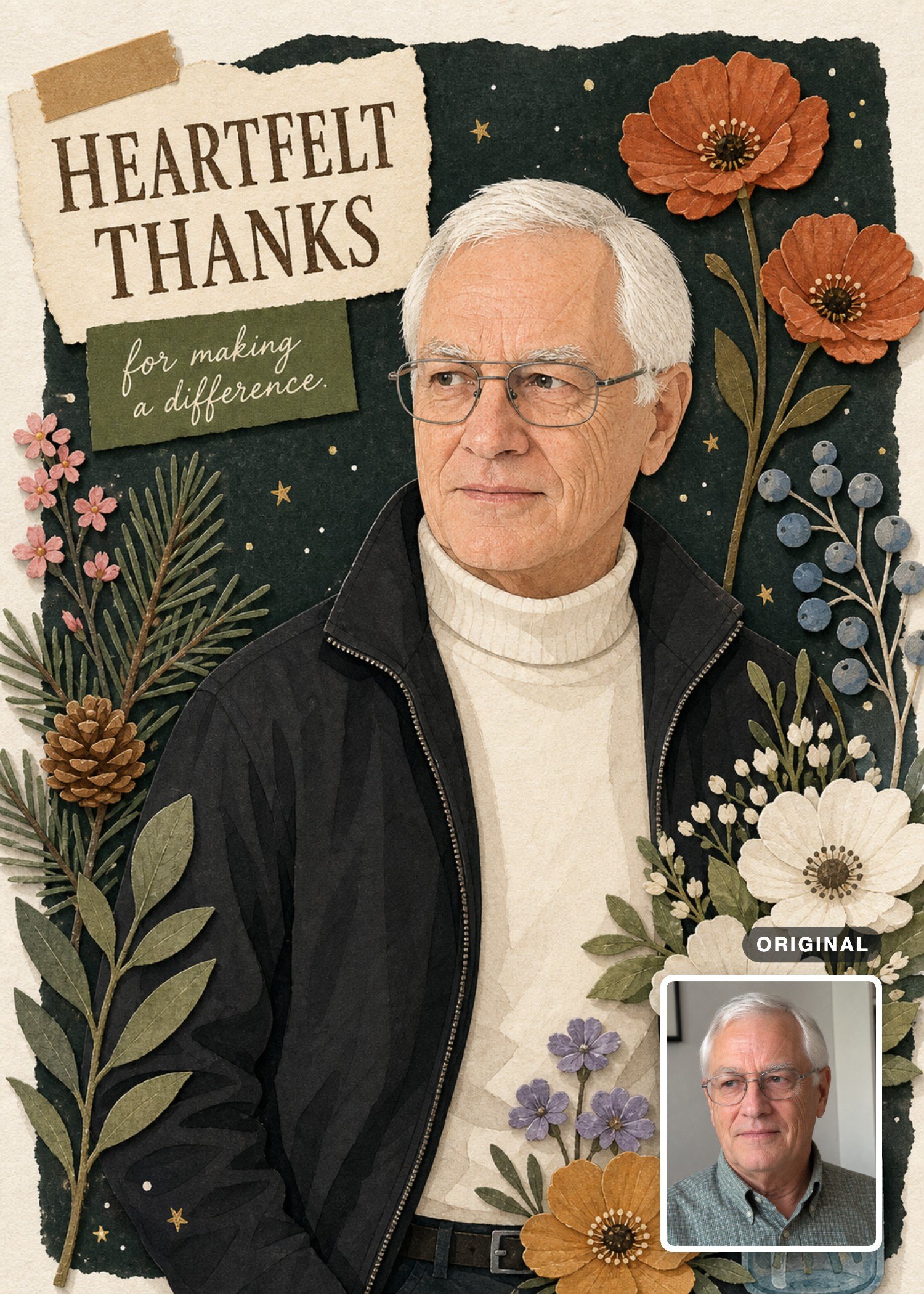 Botanical thank-you card with an older man framed by pressed flowers, with the original photo inset.