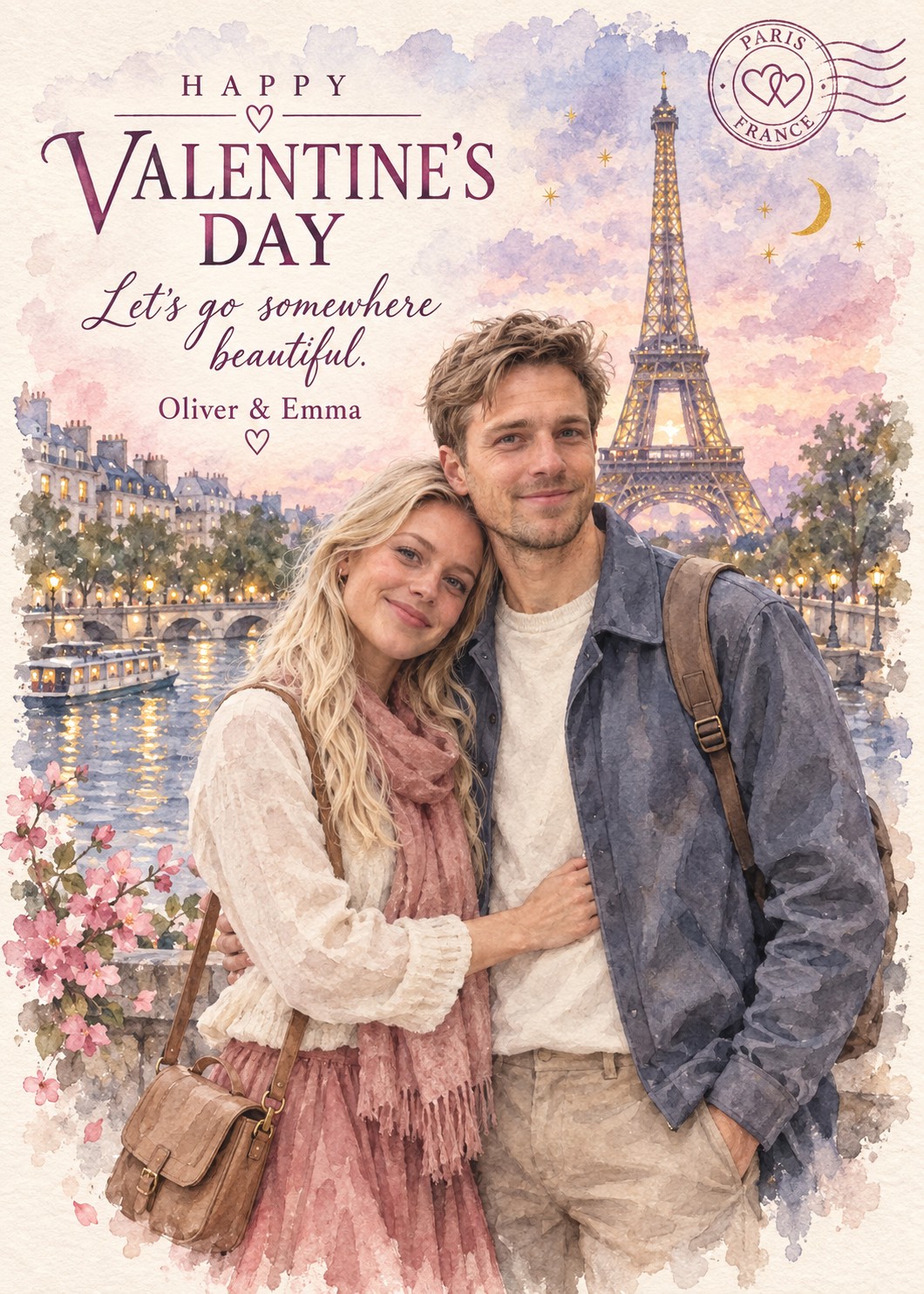 Personalized watercolor Valentine’s Day card showing a couple embracing beside the Seine, with the Eiffel Tower and a Paris postmark.