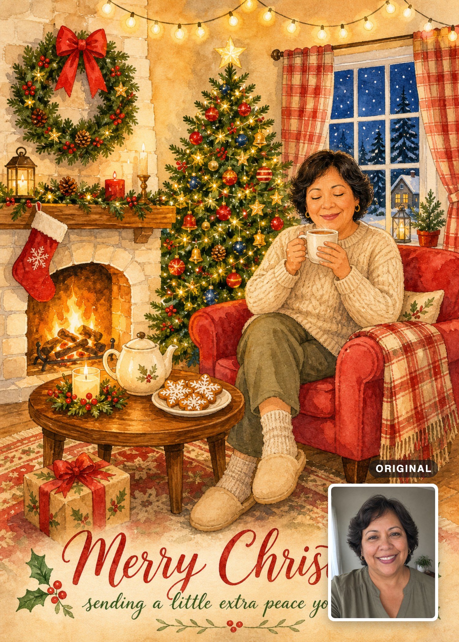 Watercolor Christmas card with an older woman enjoying tea by the fire, with the original photo inset.
