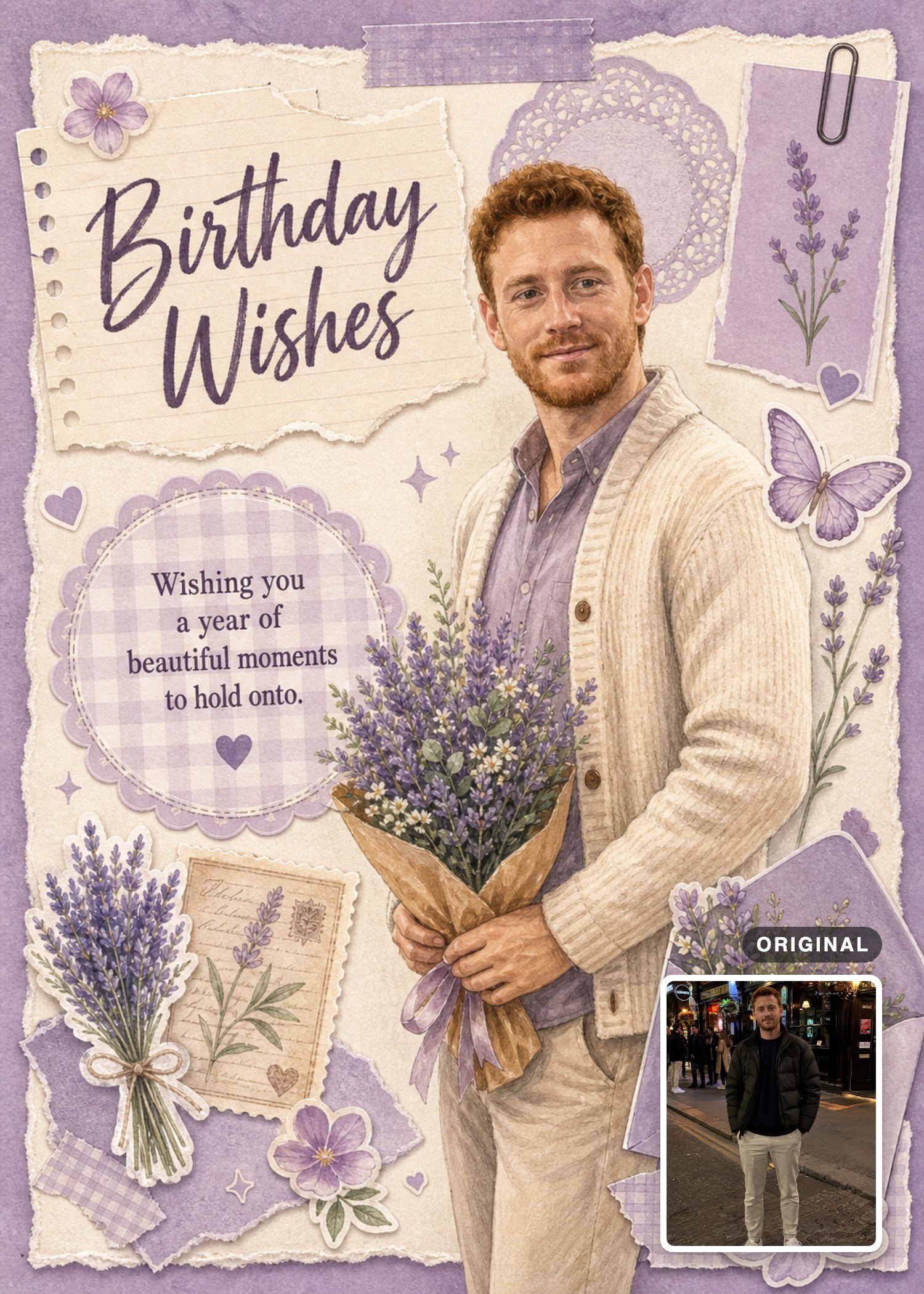 Lavender scrapbook birthday card with a red-haired man holding a bouquet, with the original photo inset.