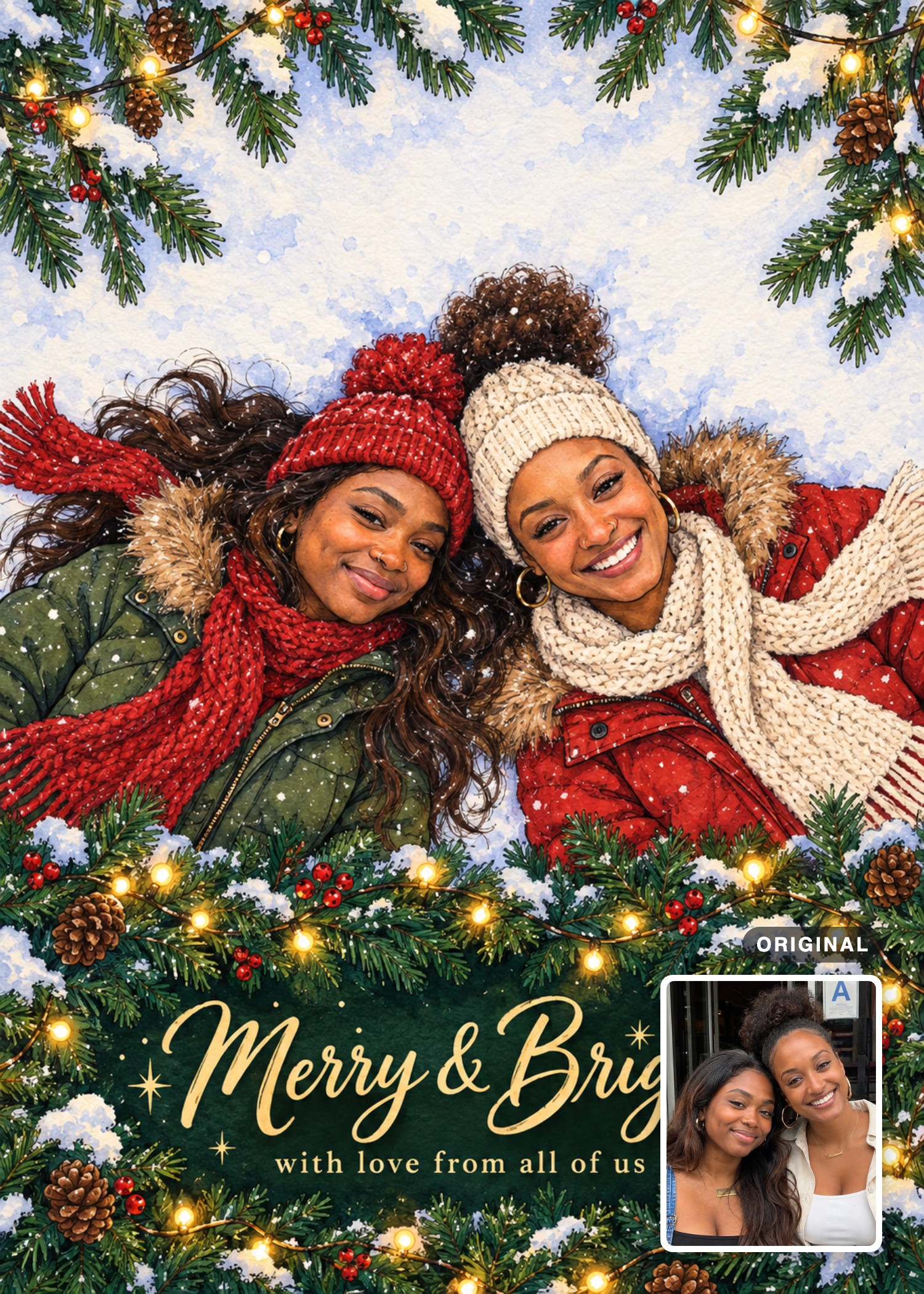 Christmas card showing two women in winter coats lying together in snow, with their original photo inset at the lower right.