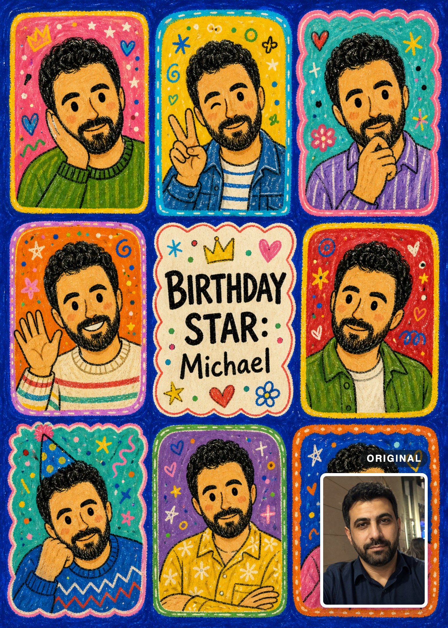 Illustrated birthday collage with eight playful portraits of Michael and the original photo inset.