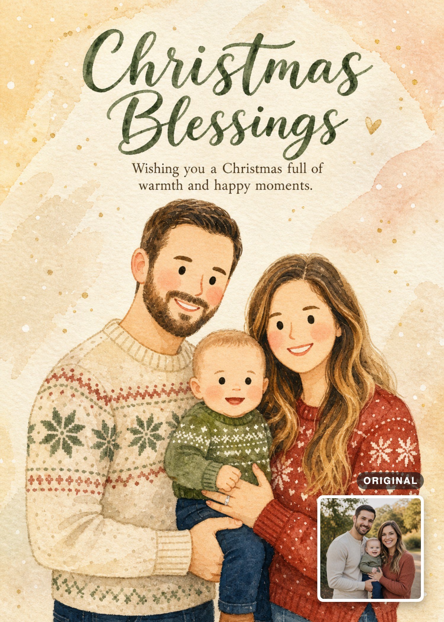 Watercolor Christmas card with a family of three in festive sweaters, with the original photo inset.