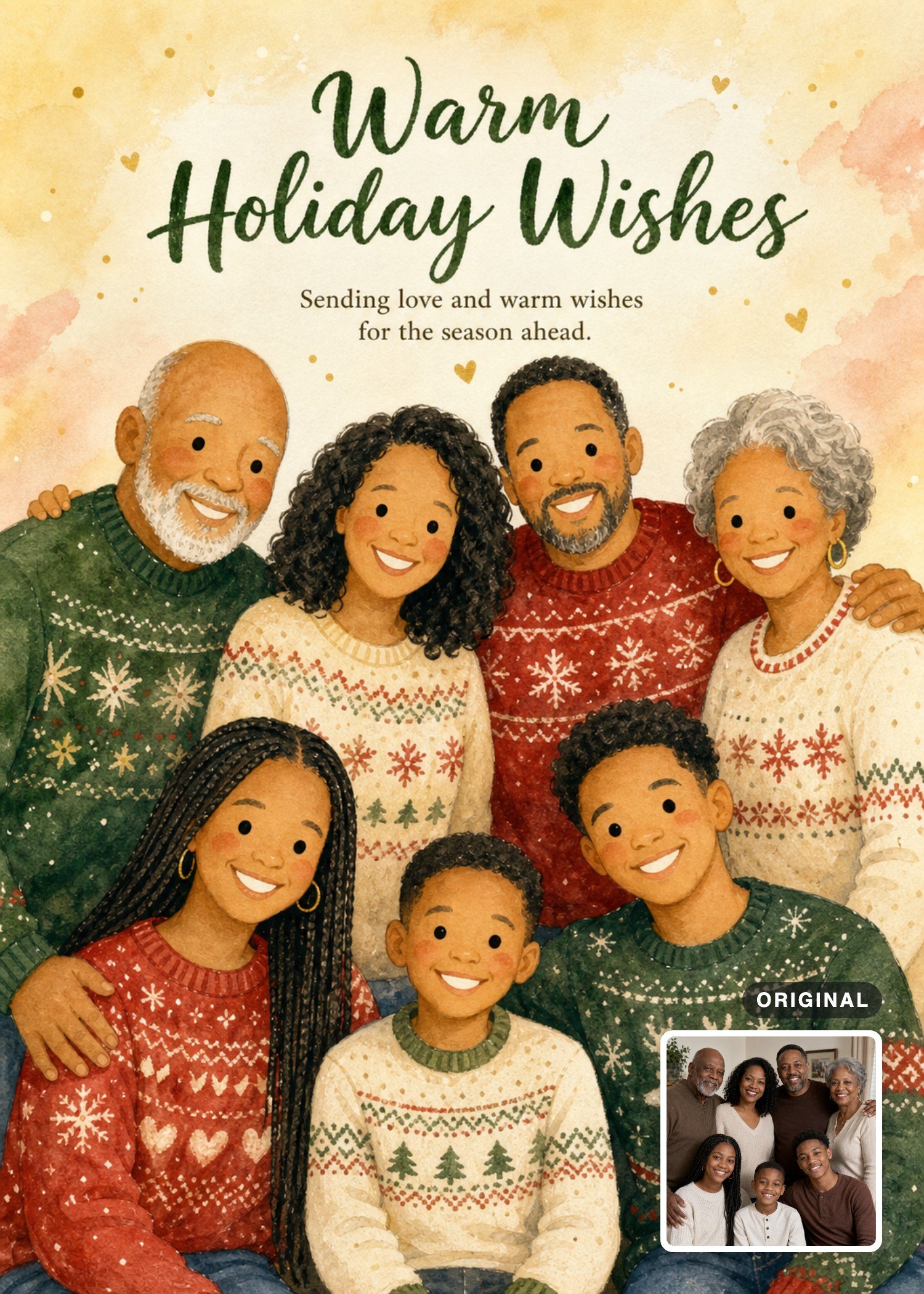 Watercolor Christmas card with a family of seven in festive sweaters, with the original photo inset.