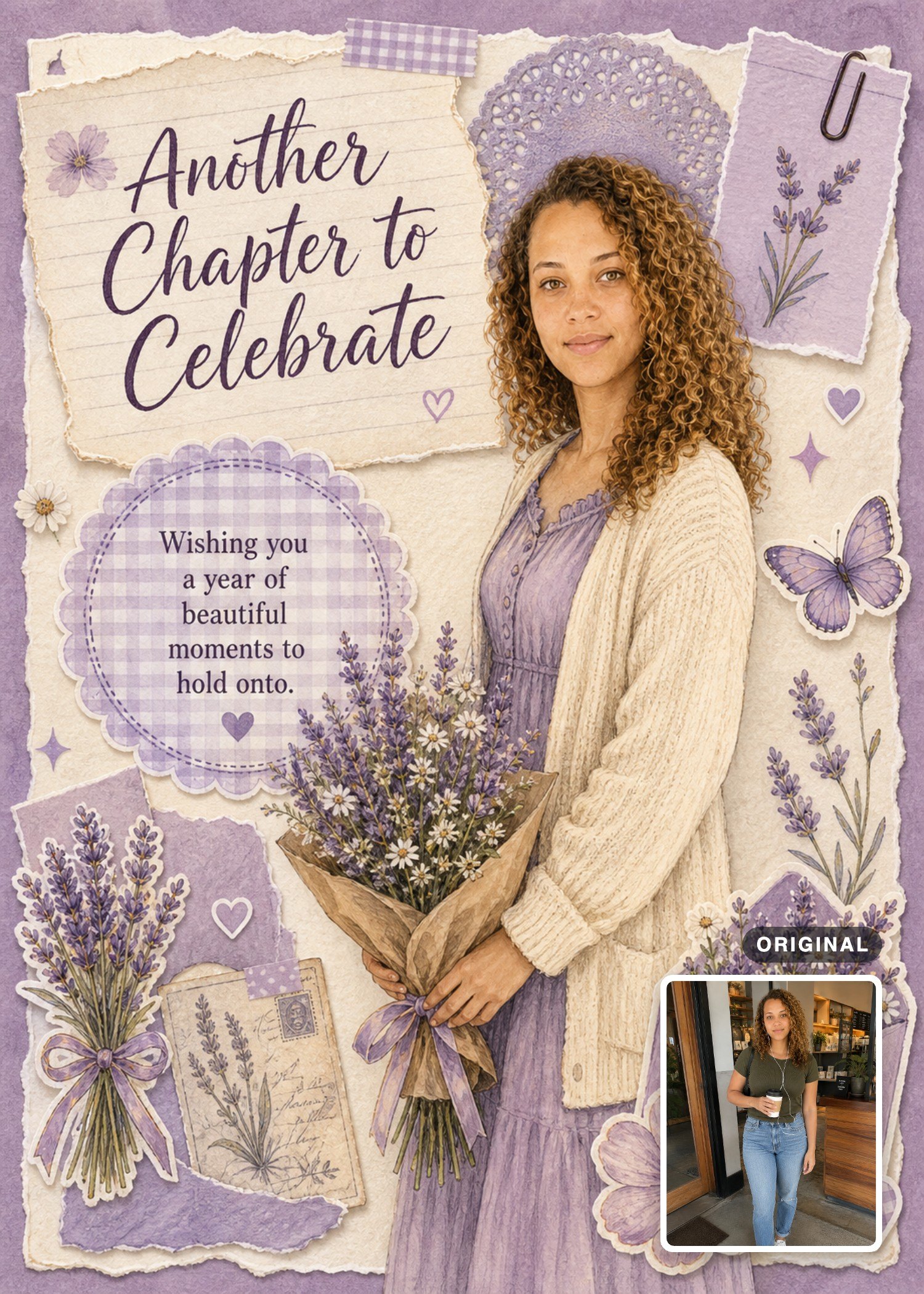 Lavender scrapbook birthday card with a curly-haired woman holding a bouquet, with the original photo inset.