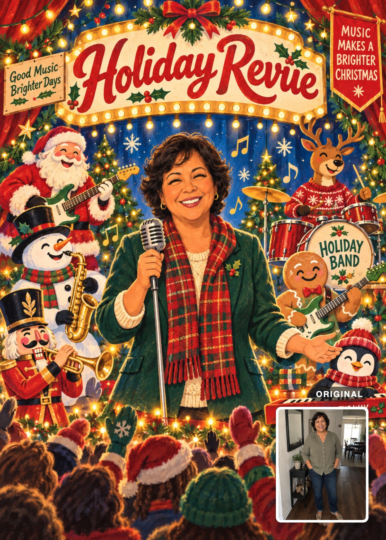 Retro Christmas card with a smiling, short-haired woman leading a festive band beneath a “Holiday Revue” marquee, with a cheering crowd below.