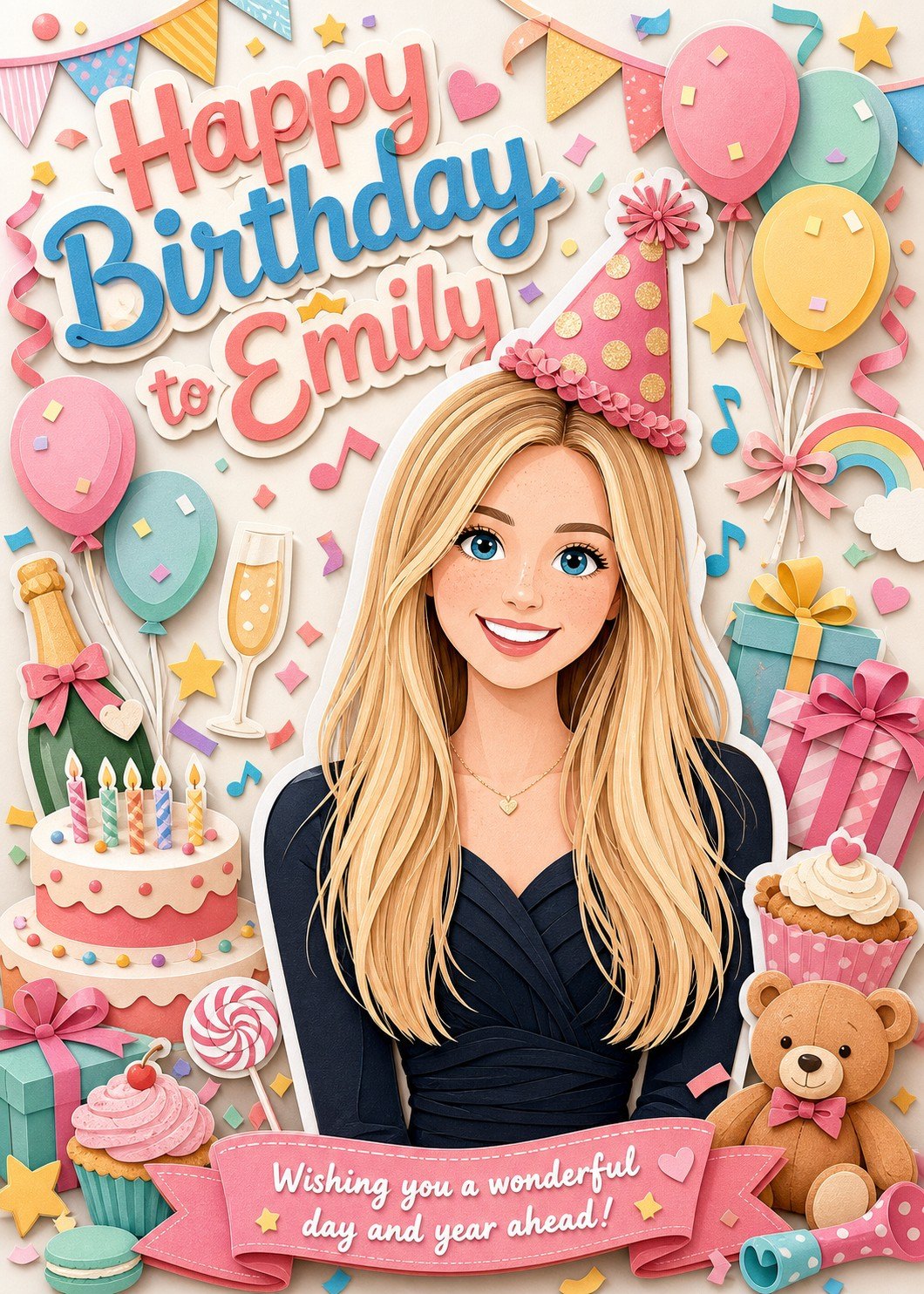 Personalized paper-cut birthday card for Emily with balloons, cake, gifts, and confetti.