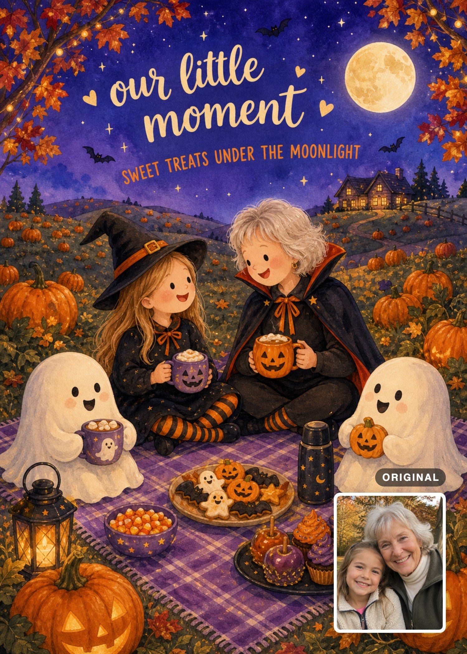 Halloween picnic card with an older woman and a young girl under the moon, with the original photo inset.