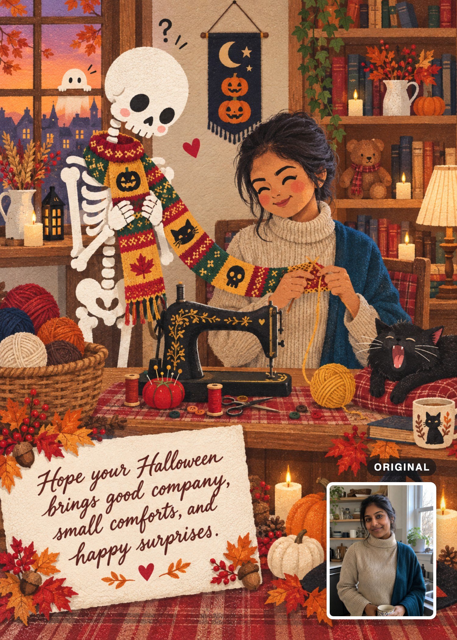 Storybook Halloween card showing a woman in a cream turtleneck and blue shawl knitting a scarf for a friendly skeleton, with her indoor portrait inset.
