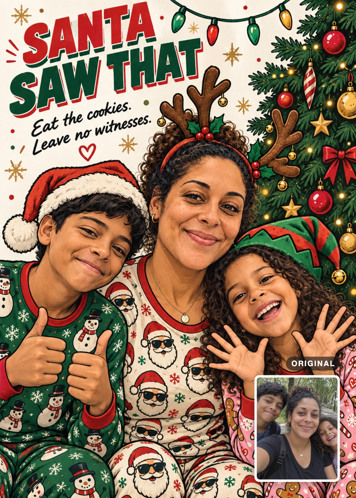 Comic Christmas card of a woman and two children in printed pajamas, with playful hand gestures and their original photo inset.