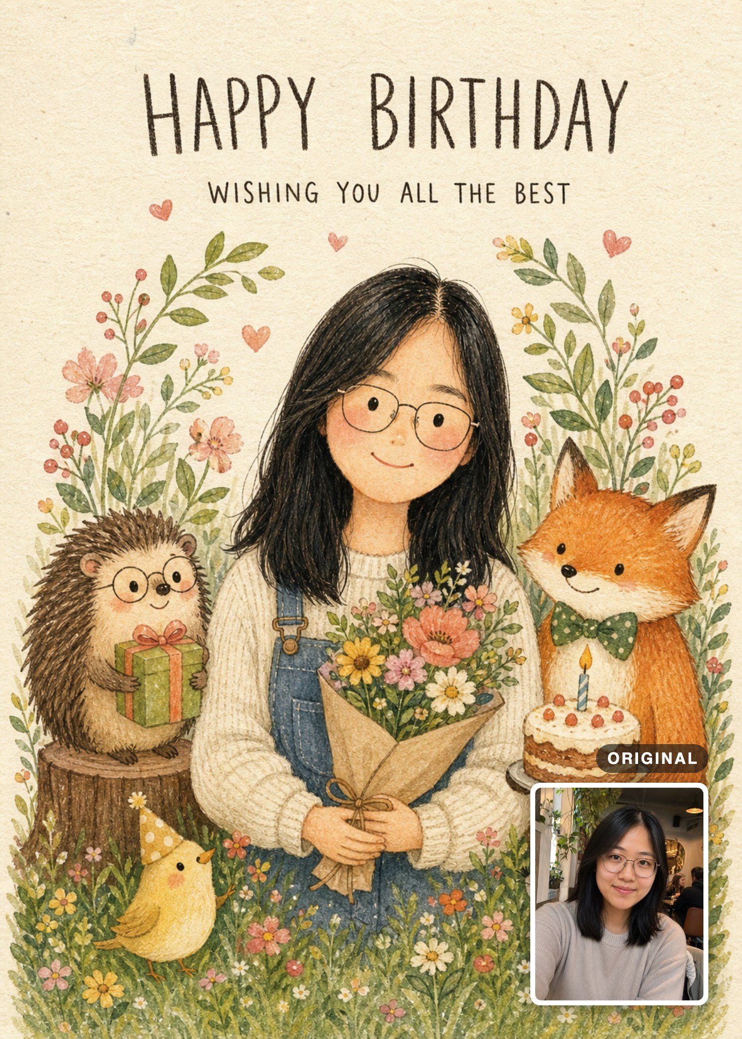 Woodland birthday card with a young woman in glasses holding flowers beside a fox, hedgehog, chick, and mouse, with the original photo inset.