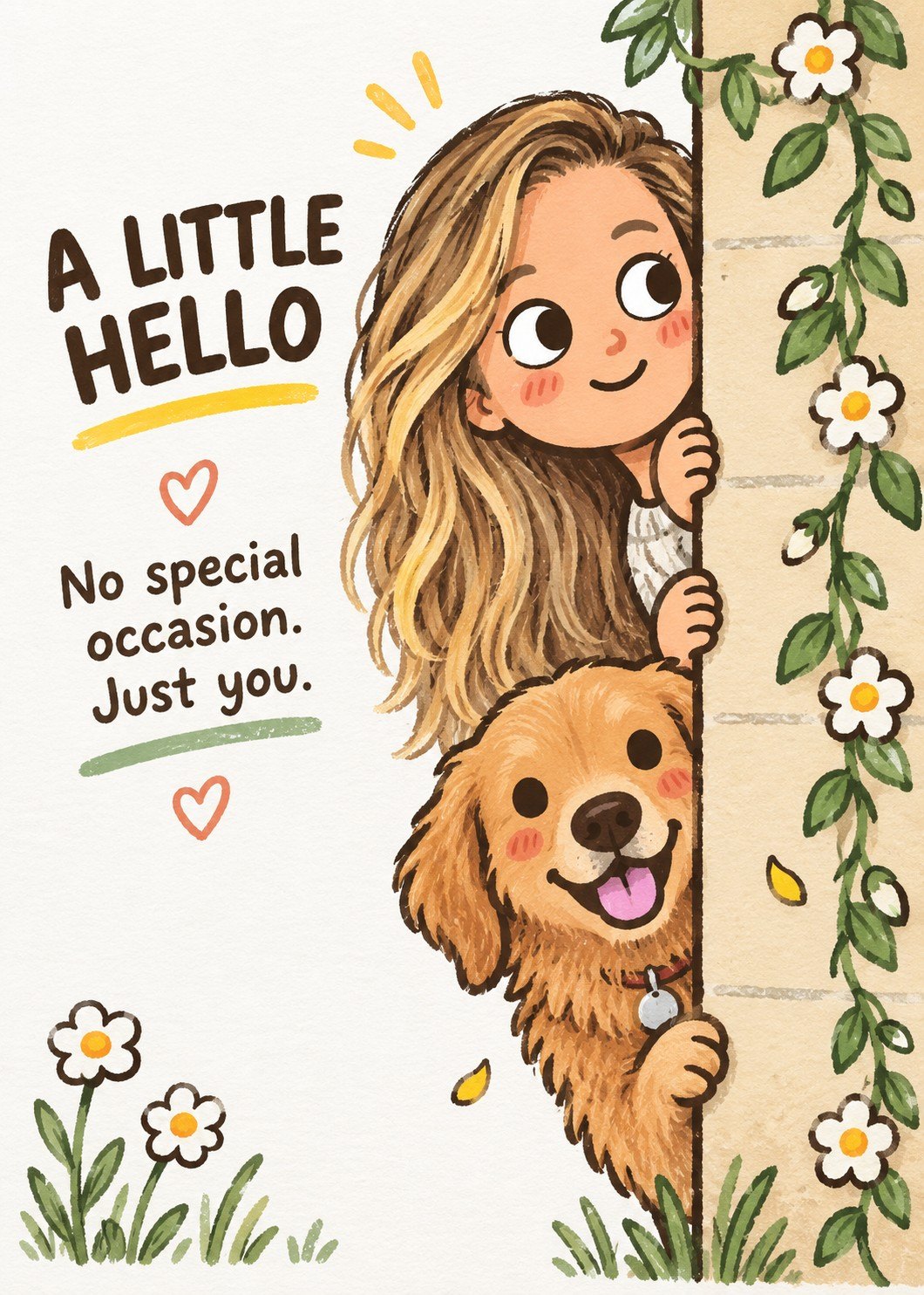 Personalized thinking-of-you card with a blonde cartoon woman and golden retriever peeking around a flower-covered wall.