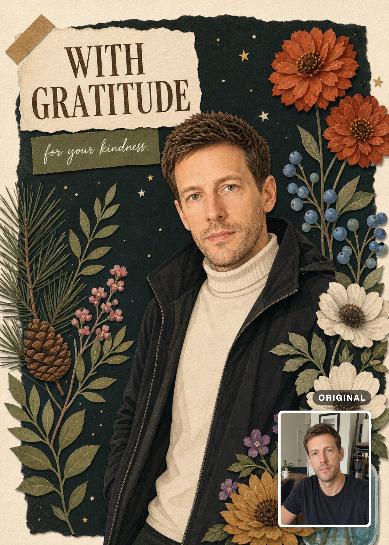 Botanical thank-you card with a brown-haired man framed by pressed flowers, with the original photo inset.
