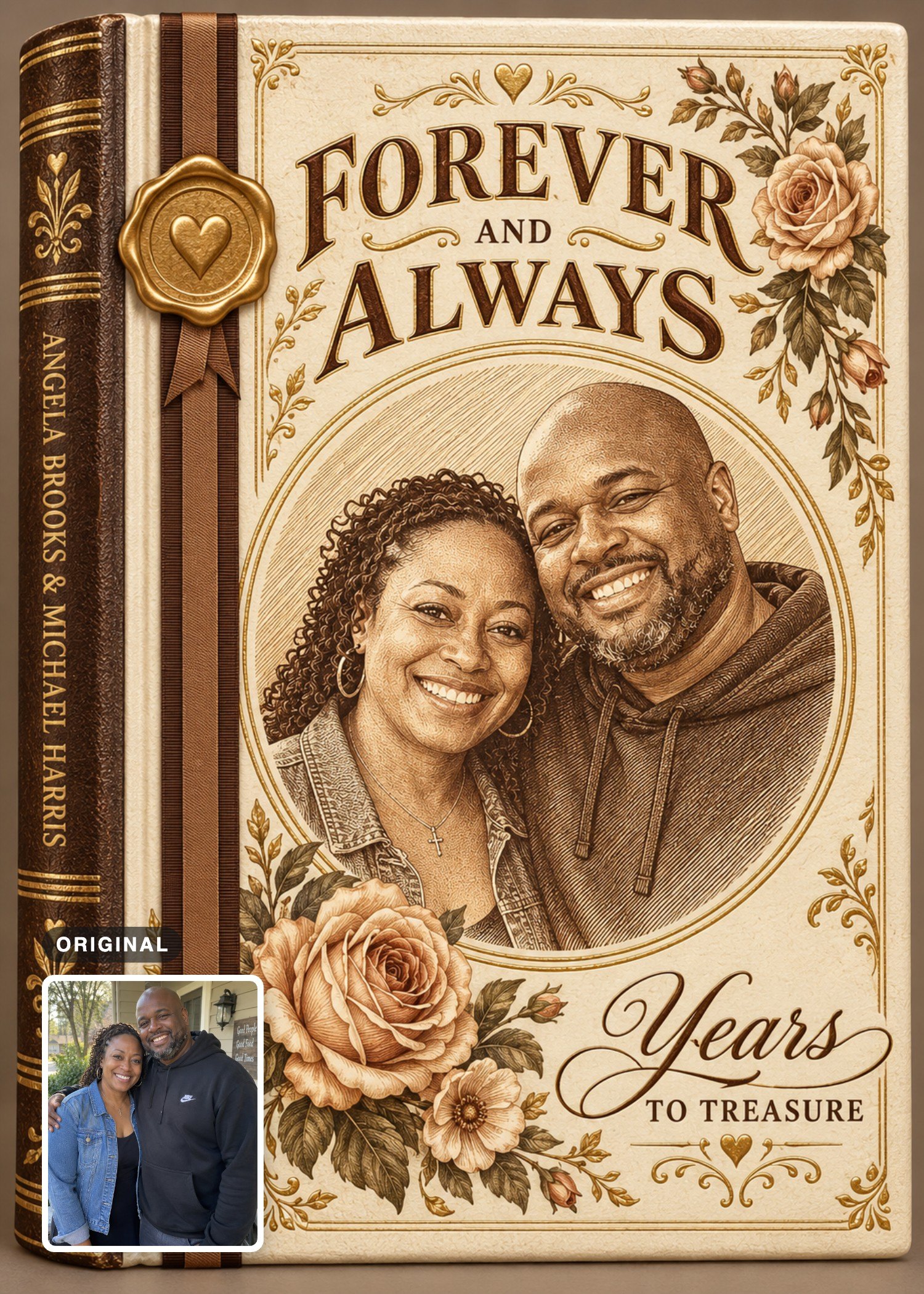 Vintage book-cover card featuring a sepia engraving of a smiling couple in a denim jacket and hoodie, with their original outdoor photo inset at the lower left.