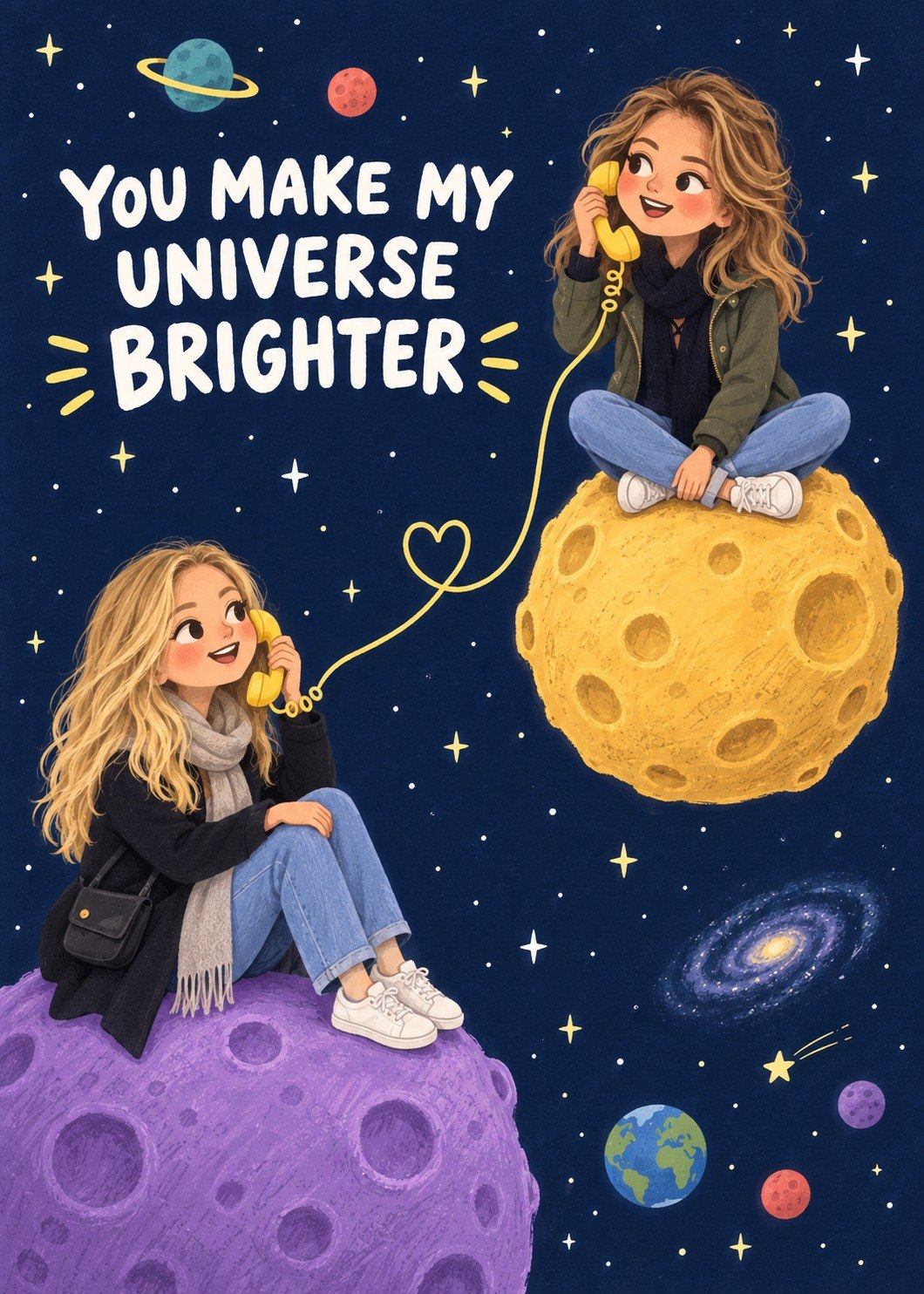 Storybook card of two women sitting on purple and golden planets, linked by a heart-shaped telephone cord in a starry sky.