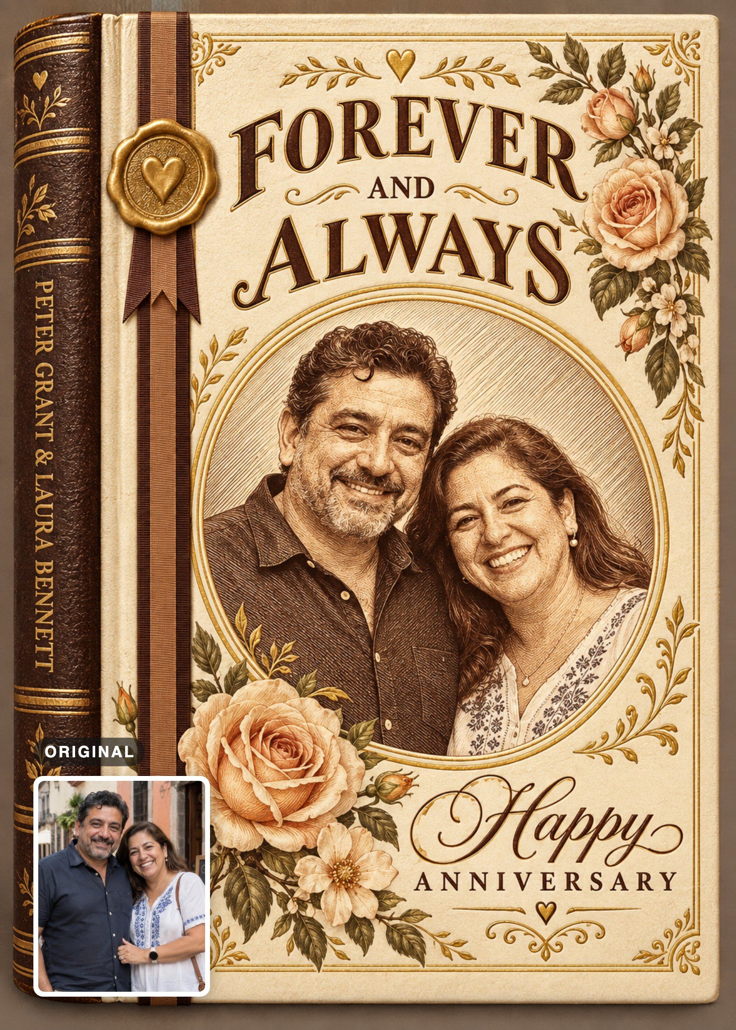 Vintage anniversary card featuring a sepia portrait of a smiling couple in a dark shirt and patterned blouse, with their original standing photo inset at the lower left.
