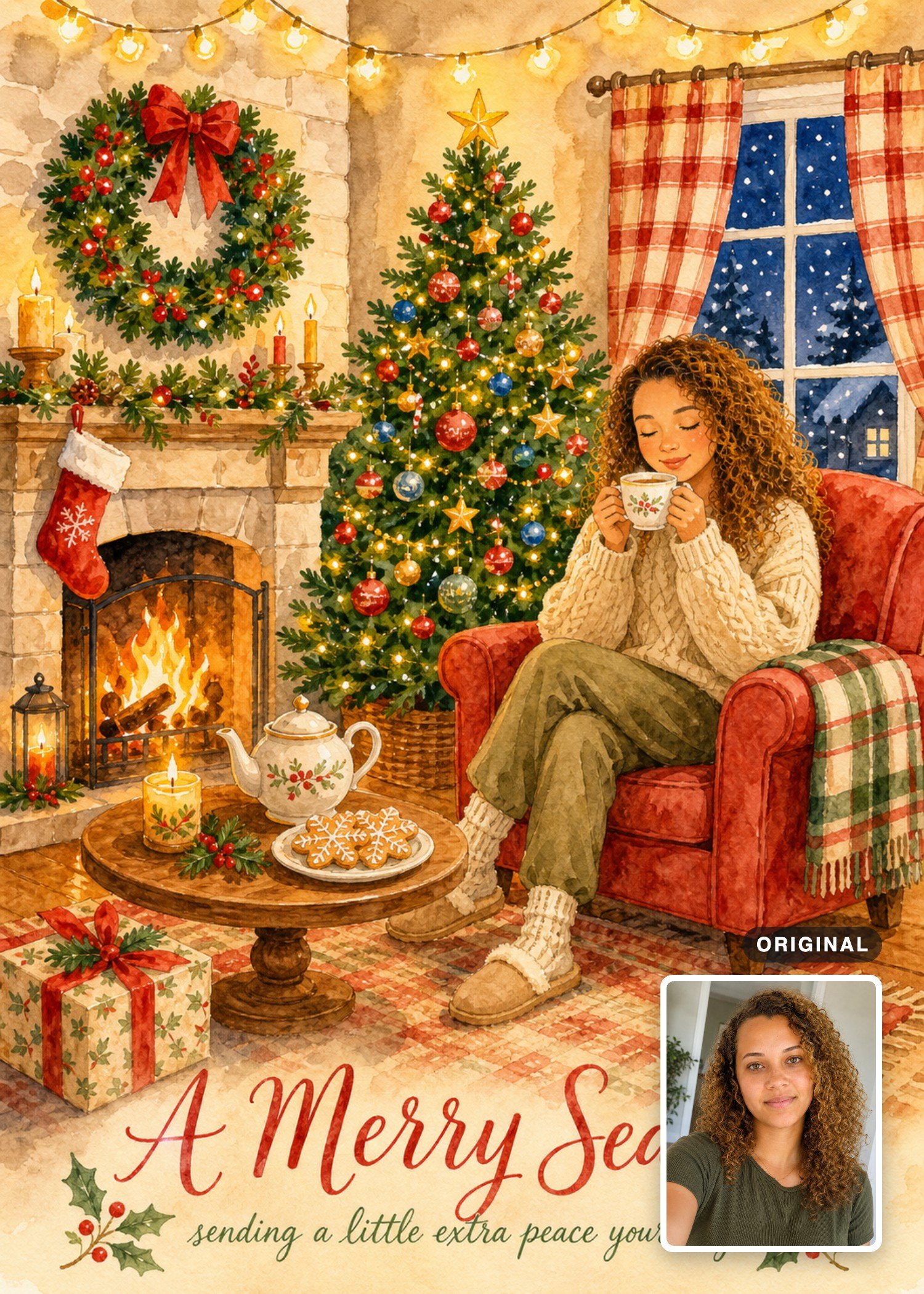 Watercolor Christmas card with a young woman enjoying tea by the fire, with the original photo inset.