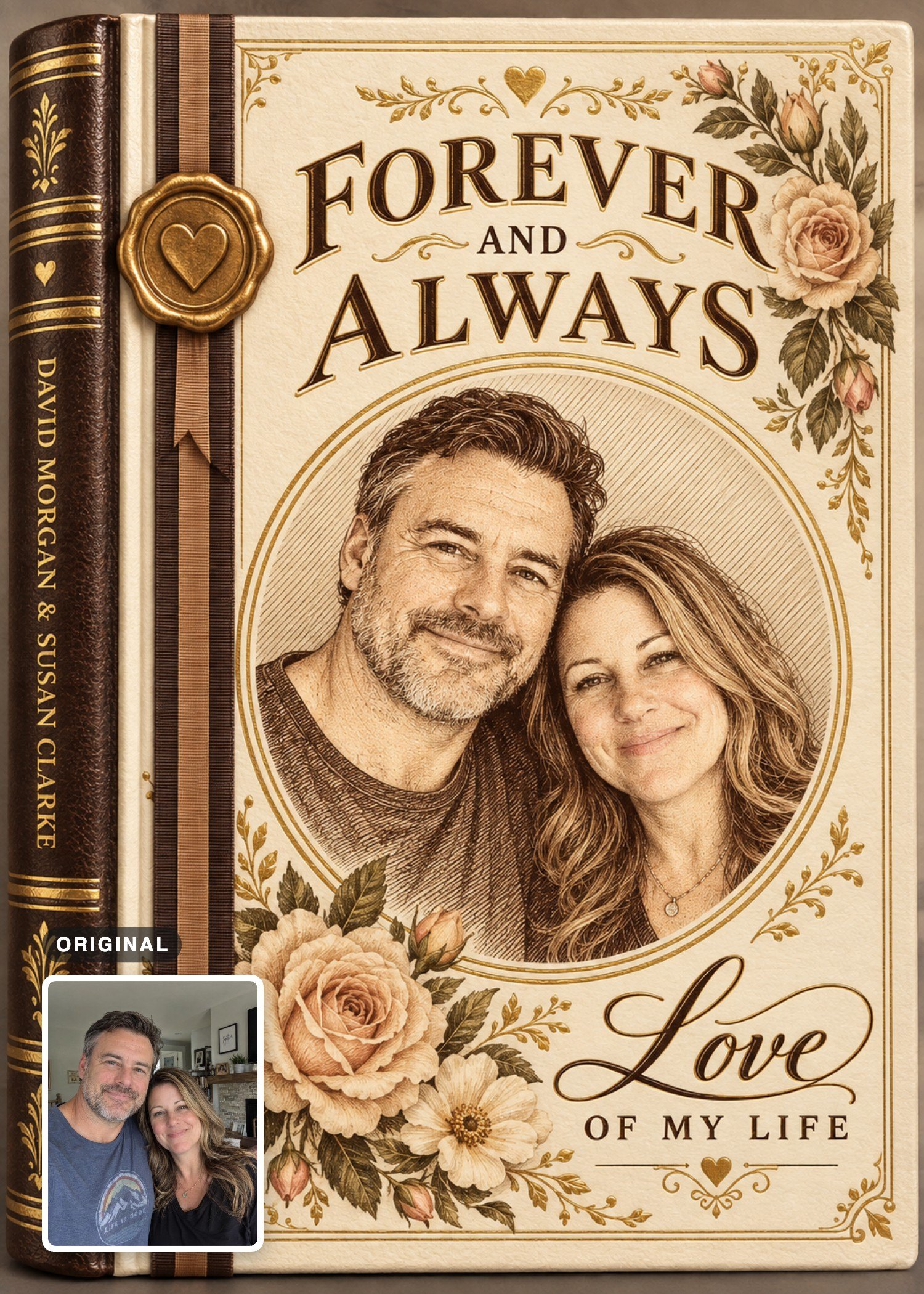Sepia engraving of a couple leaning their heads together on a vintage book-cover card, with “Love of My Life” lettering and their original indoor photo inset at the lower left.