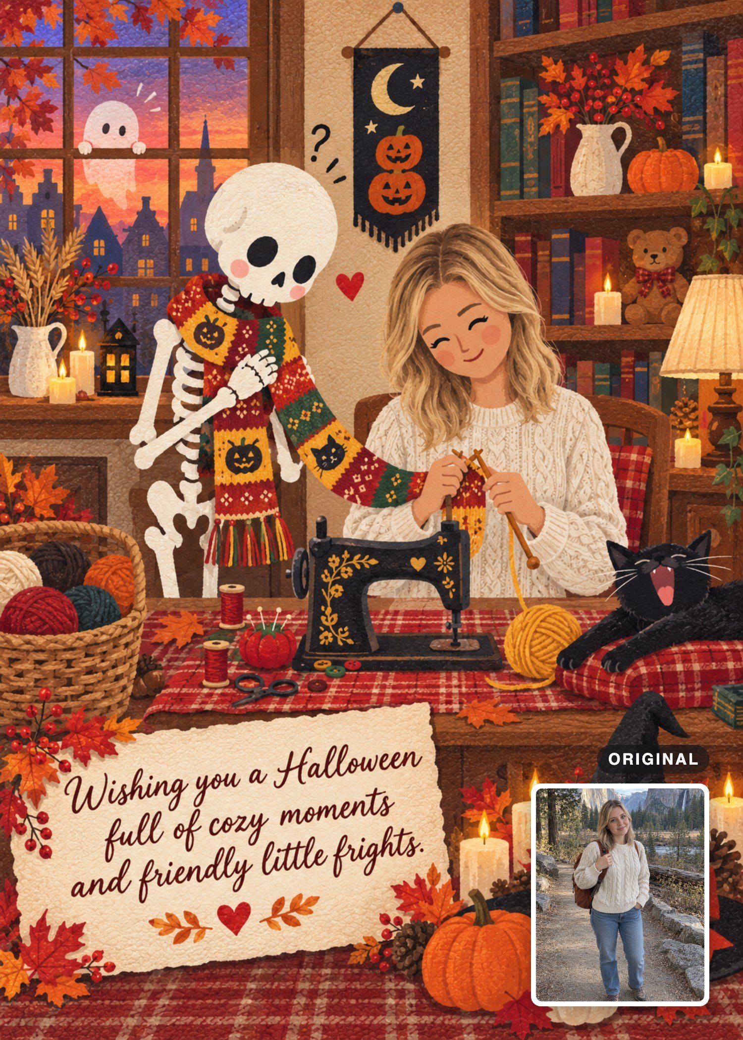 Storybook Halloween card showing a blonde woman in a cream sweater knitting a scarf for a friendly skeleton, with her outdoor portrait inset.