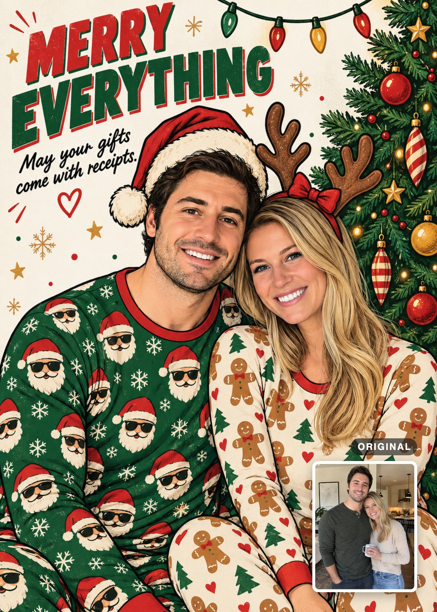 Retro comic Christmas card of two adults in festive pajamas and headwear, with their original photo inset.