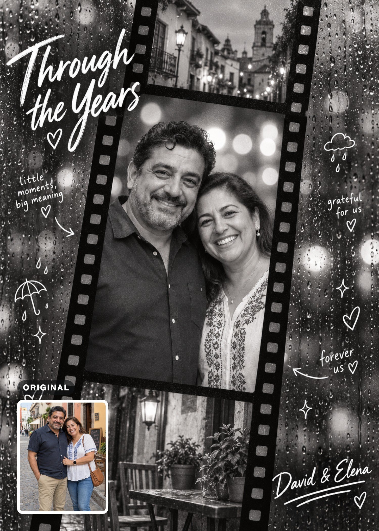 Black-and-white filmstrip card showing a smiling man and woman between street and café scenes, with their original color photo inset.