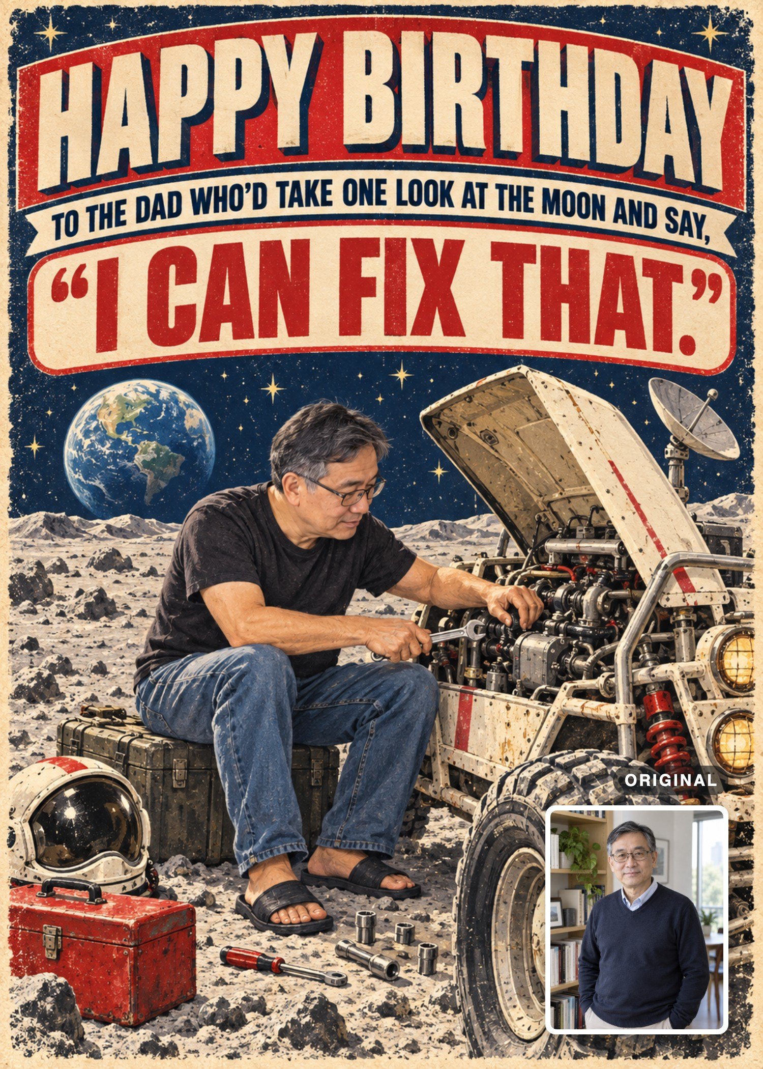 Retro birthday card showing a gray-haired man with glasses repairing a lunar rover, with his original standing portrait inset.
