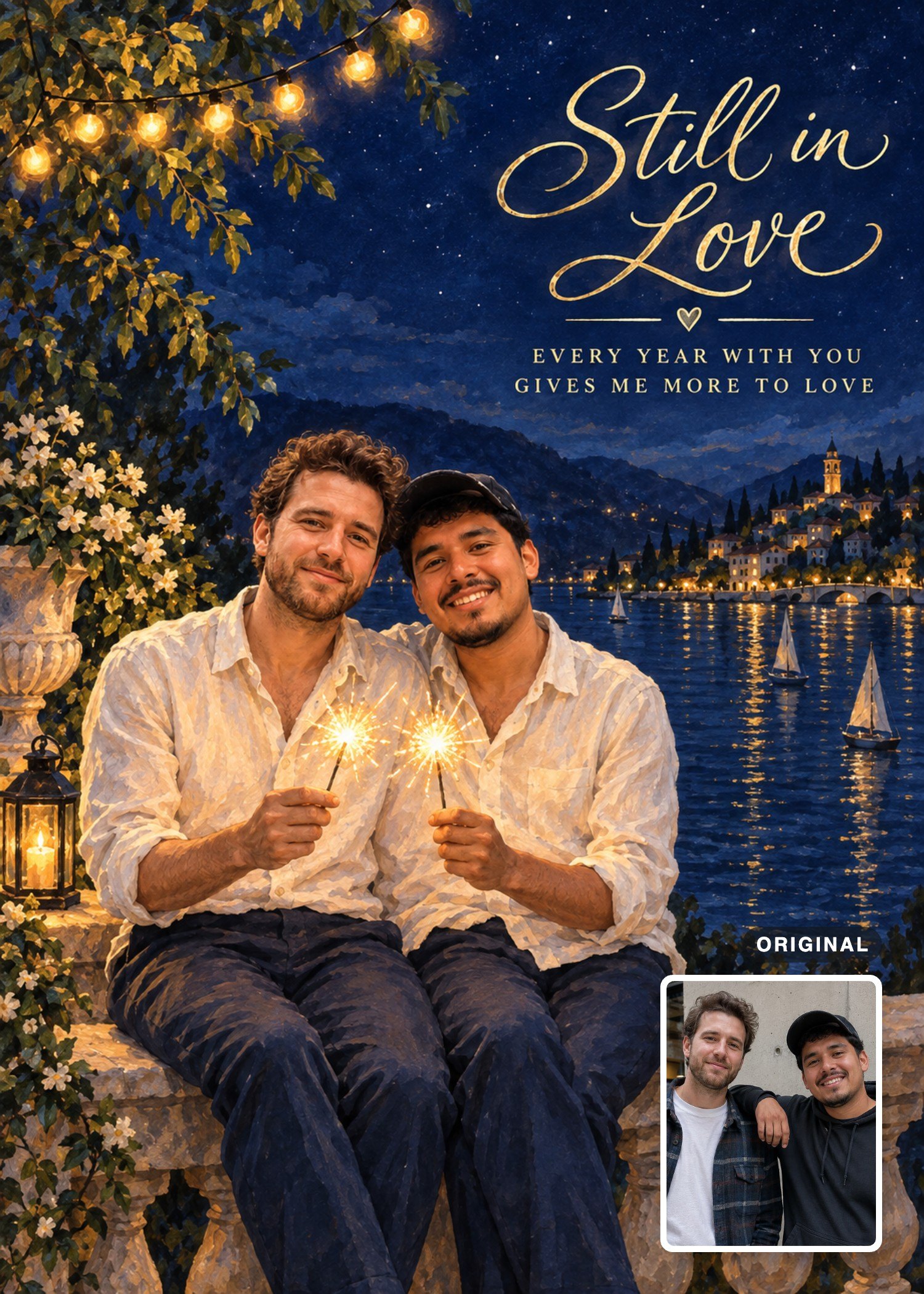 Two men holding sparklers in a painted lakeside night scene, with their original photo inset.