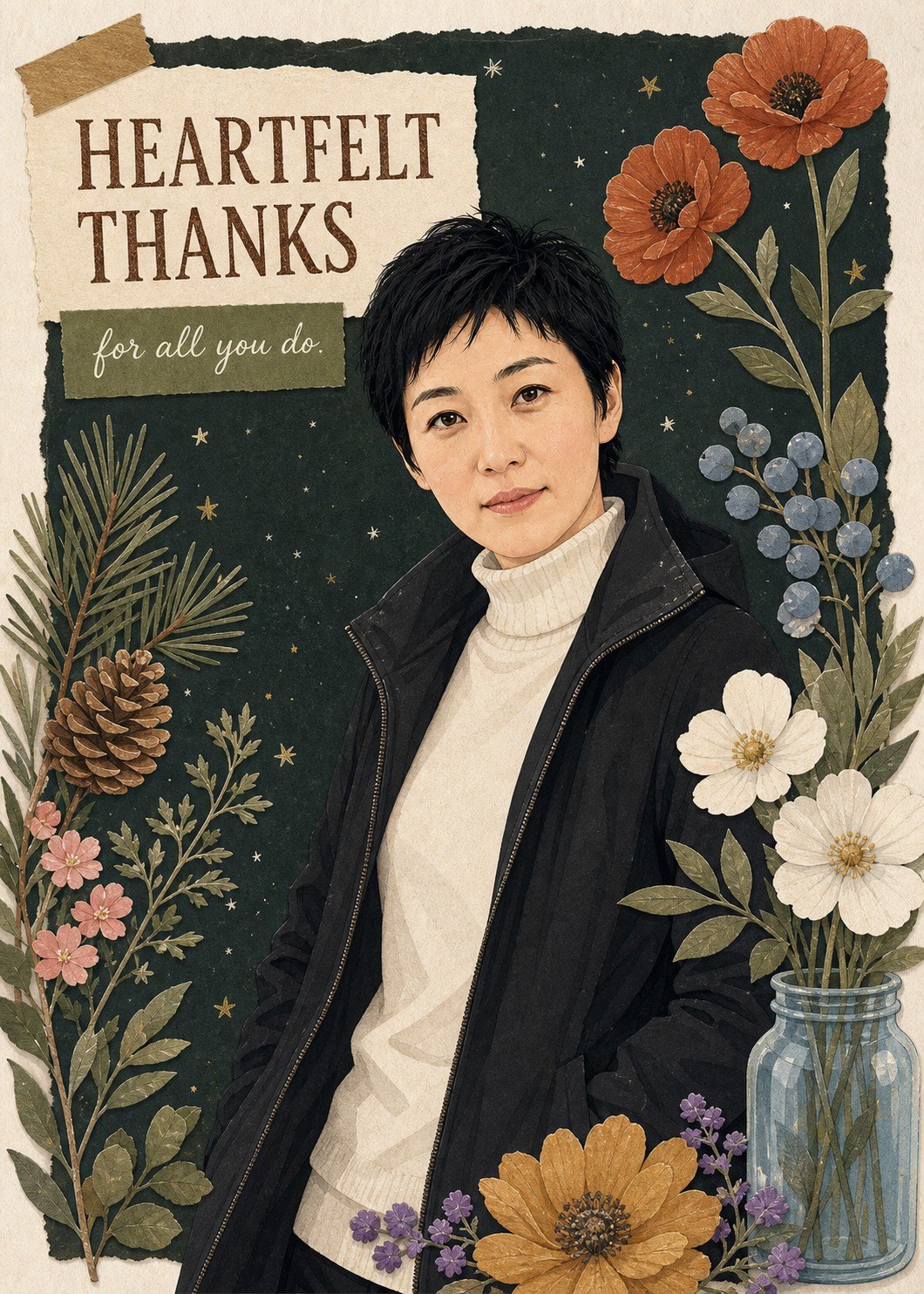 Personalized botanical thank-you card with an illustrated woman framed by pressed flowers and deep green collage.