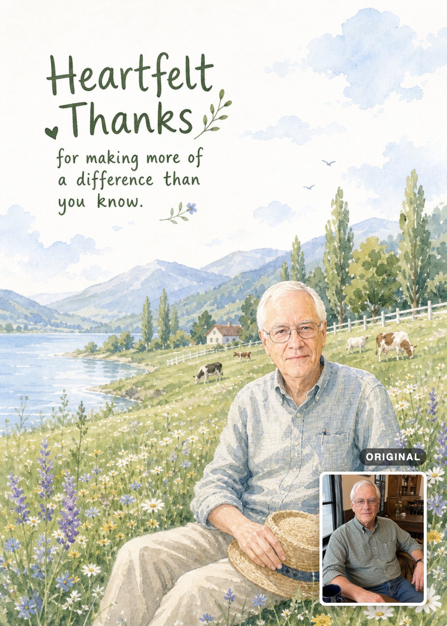 Watercolor thank-you card with an older man seated in a lakeside wildflower meadow, with the original photo inset.