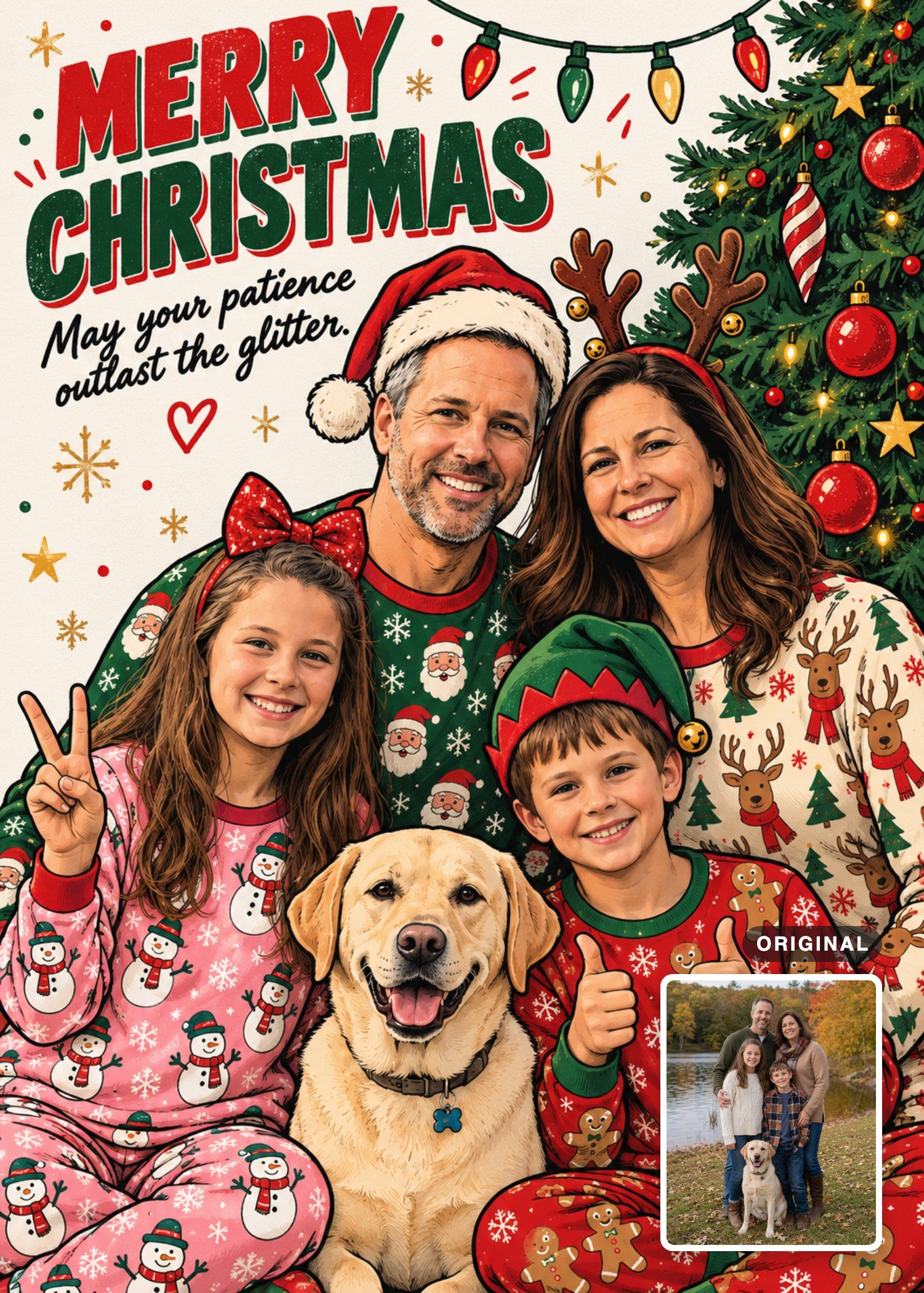 Comic Christmas card featuring four people in festive pajamas with a yellow dog, with the original family photo inset.