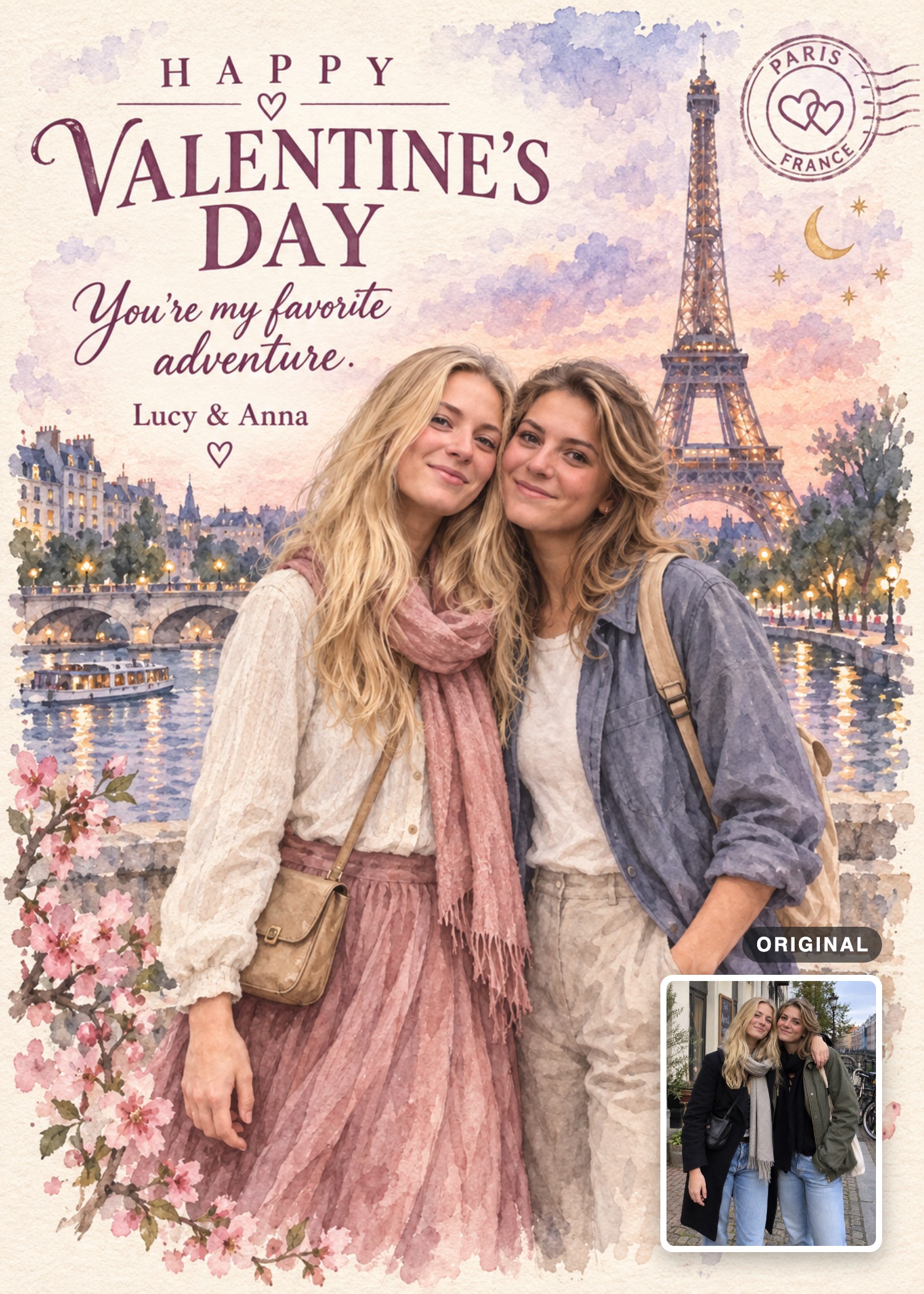 Two women together in a watercolor Paris Valentine’s Day card, with their original photo inset at the bottom right.