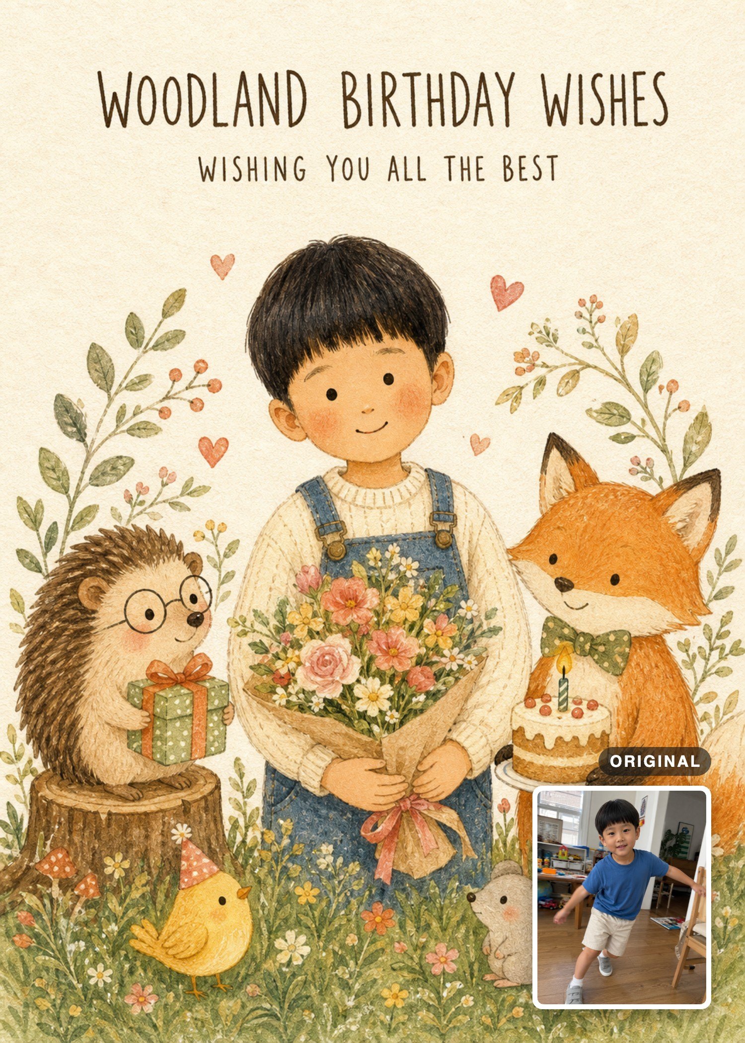 Woodland birthday card with a young boy holding flowers beside a fox, hedgehog, chick, and mouse, with the original photo inset.
