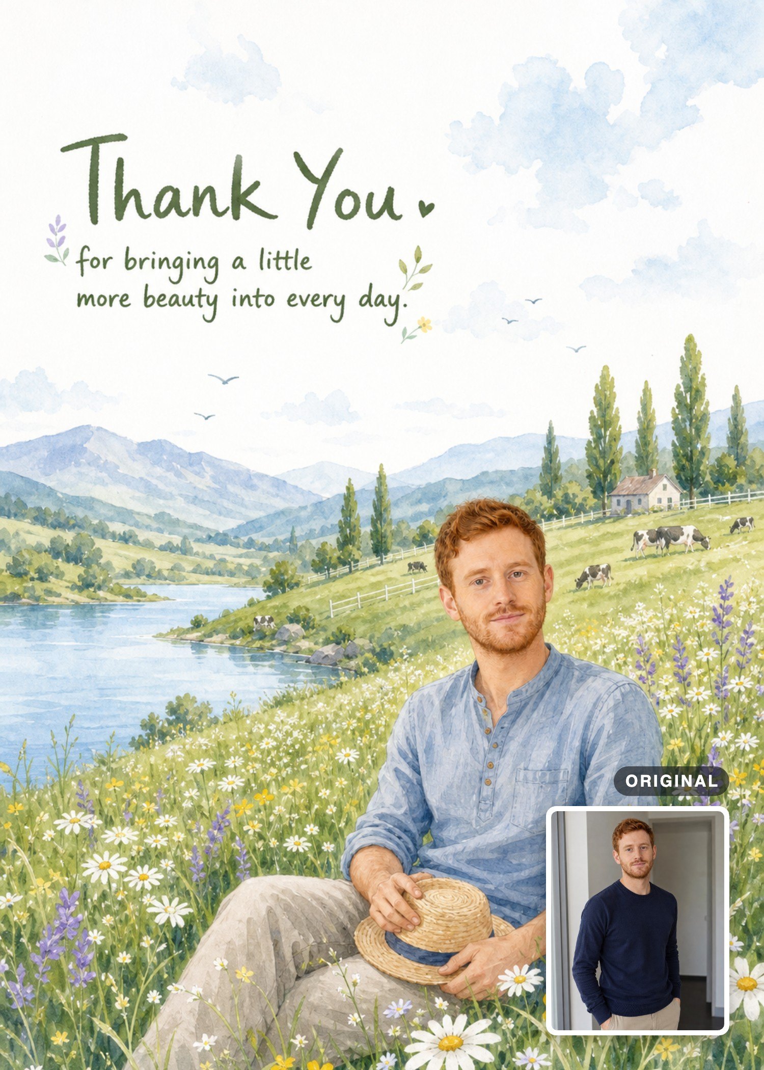 Watercolor thank-you card with a man seated in a lakeside wildflower meadow, with the original photo inset.