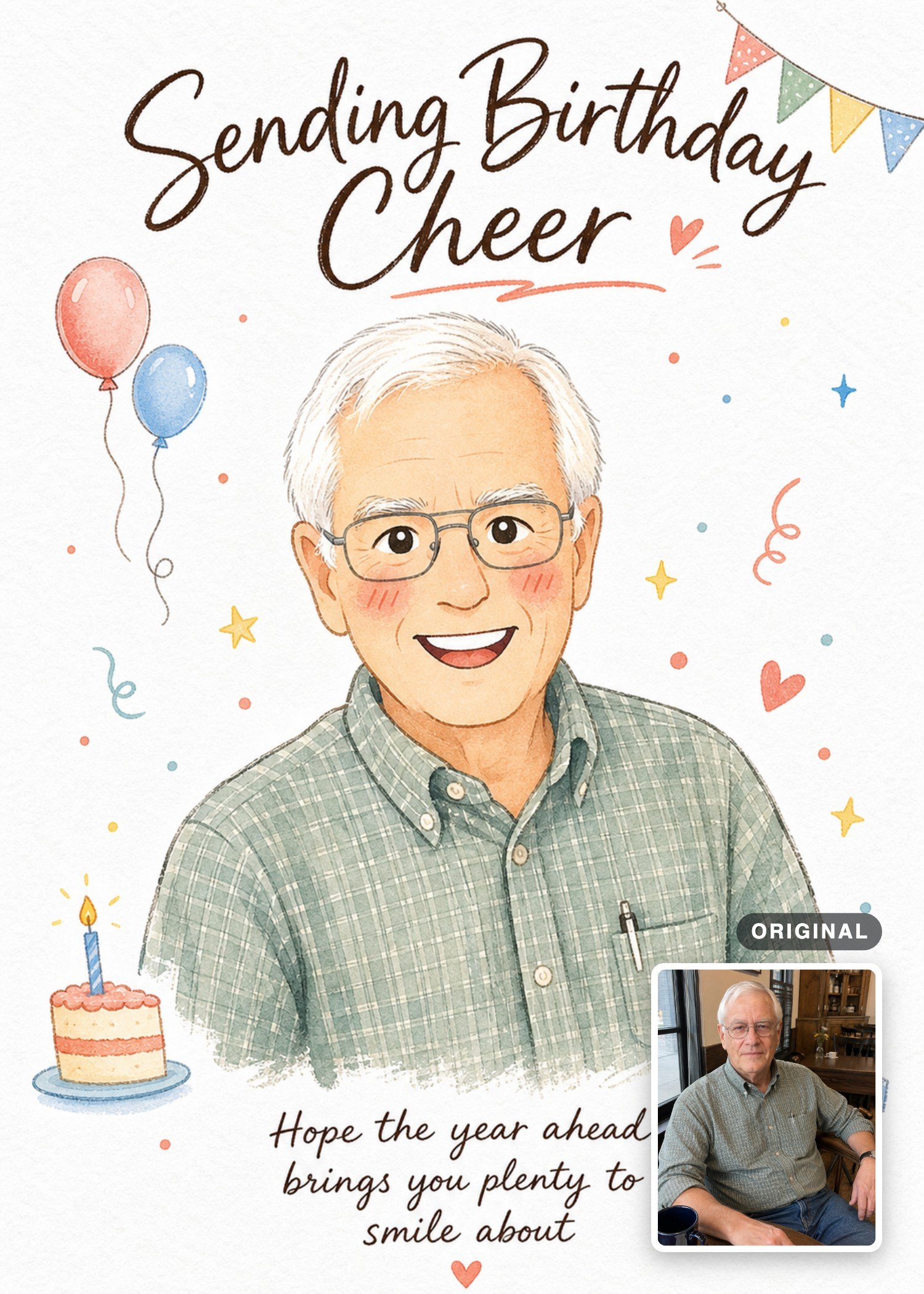 Watercolor birthday card with a smiling older man, balloons, cake, and a gift box.