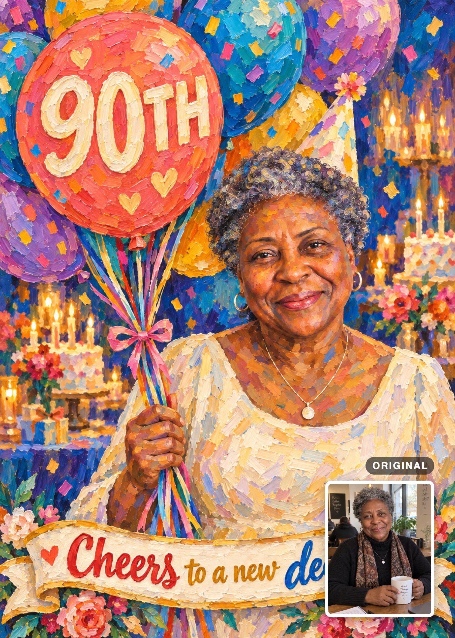 Oil-painted 90th birthday card featuring a smiling woman with gray curls and colorful balloons, with her original cafe photo inset.