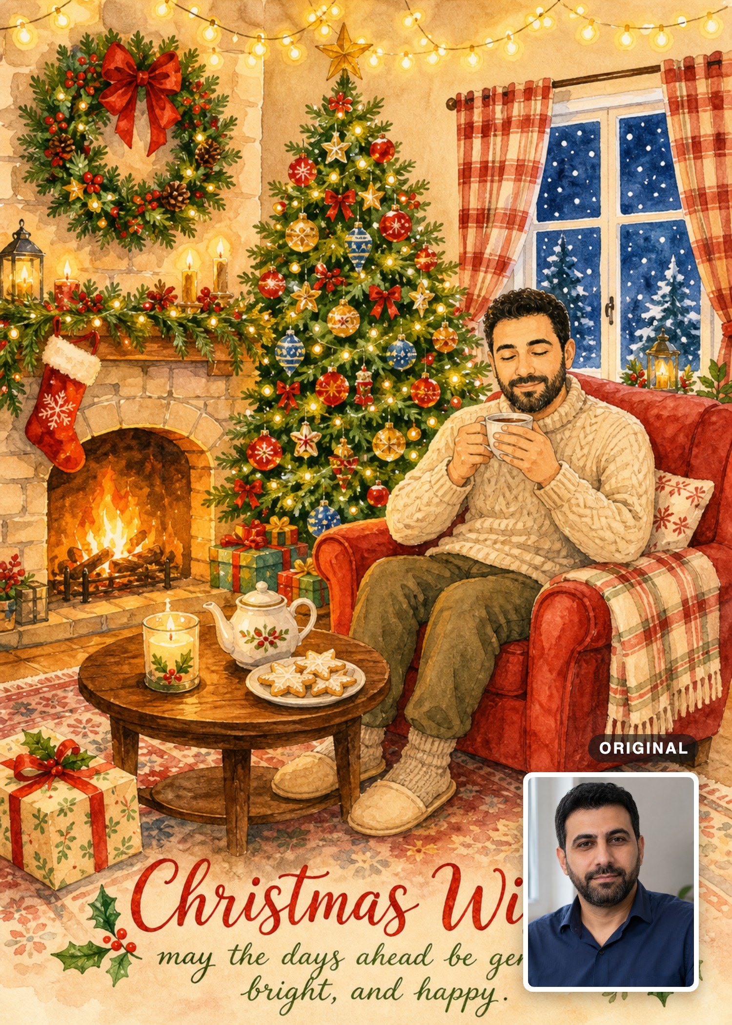 Watercolor Christmas card with a man enjoying tea by the fire, with the original photo inset.