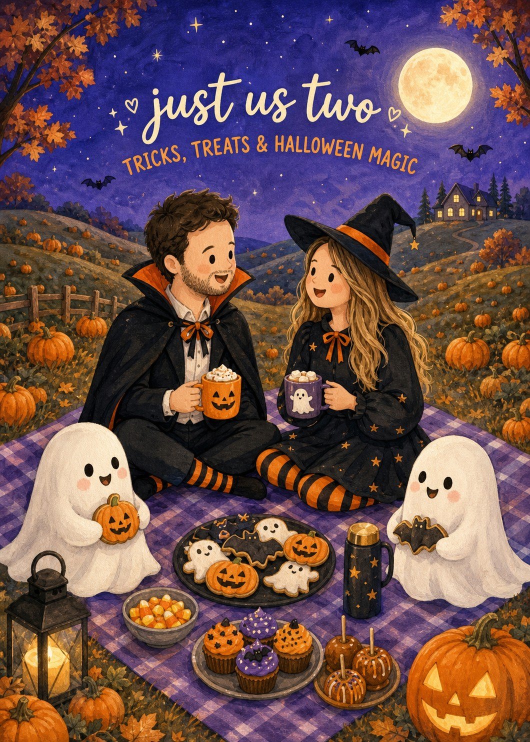 Personalized Halloween card with two people in witch outfits sharing a moonlit picnic with pumpkins, treats, and friendly ghosts.