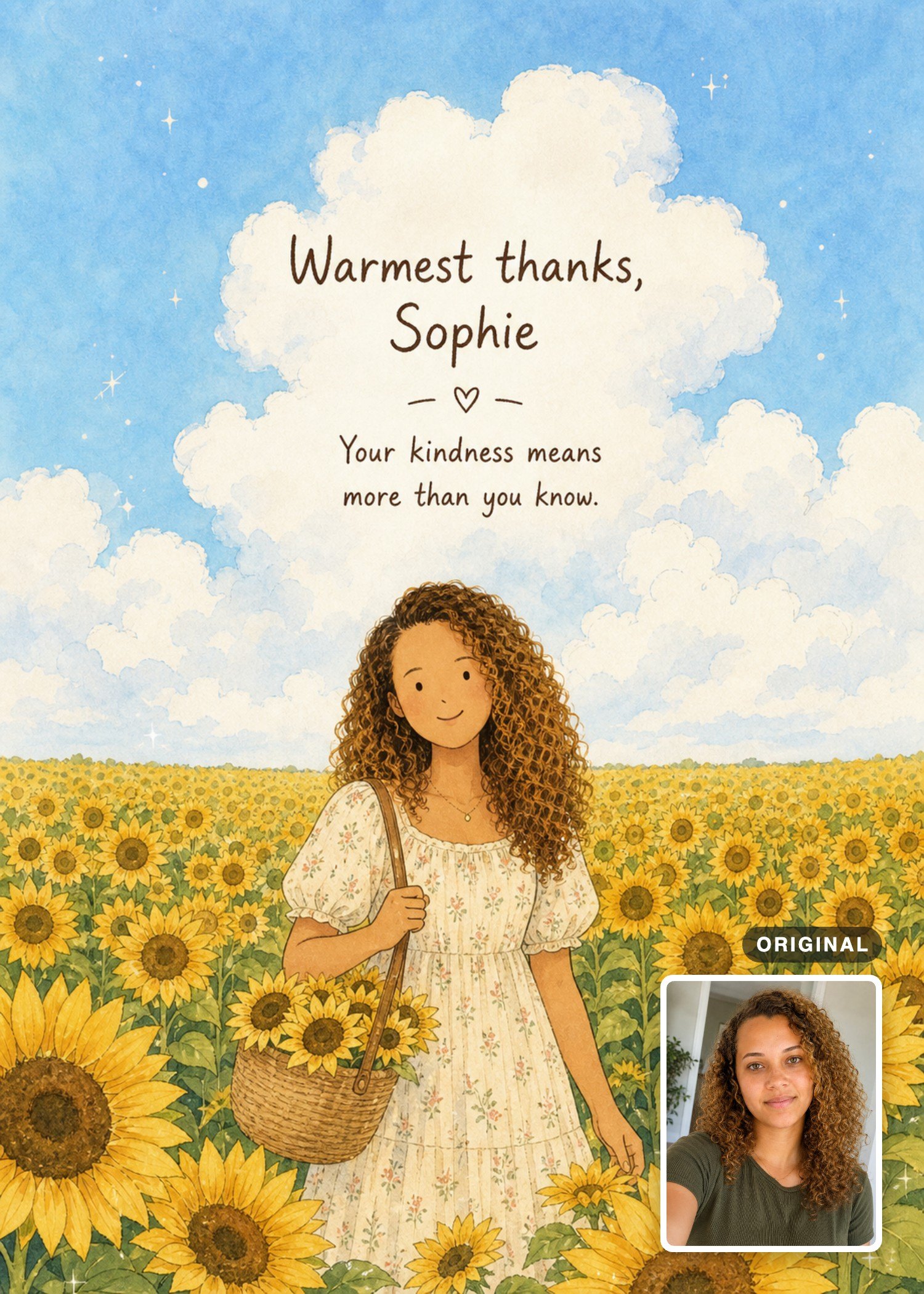 Sunflower thank-you card with a curly-haired woman carrying a flower basket, with the original photo inset.